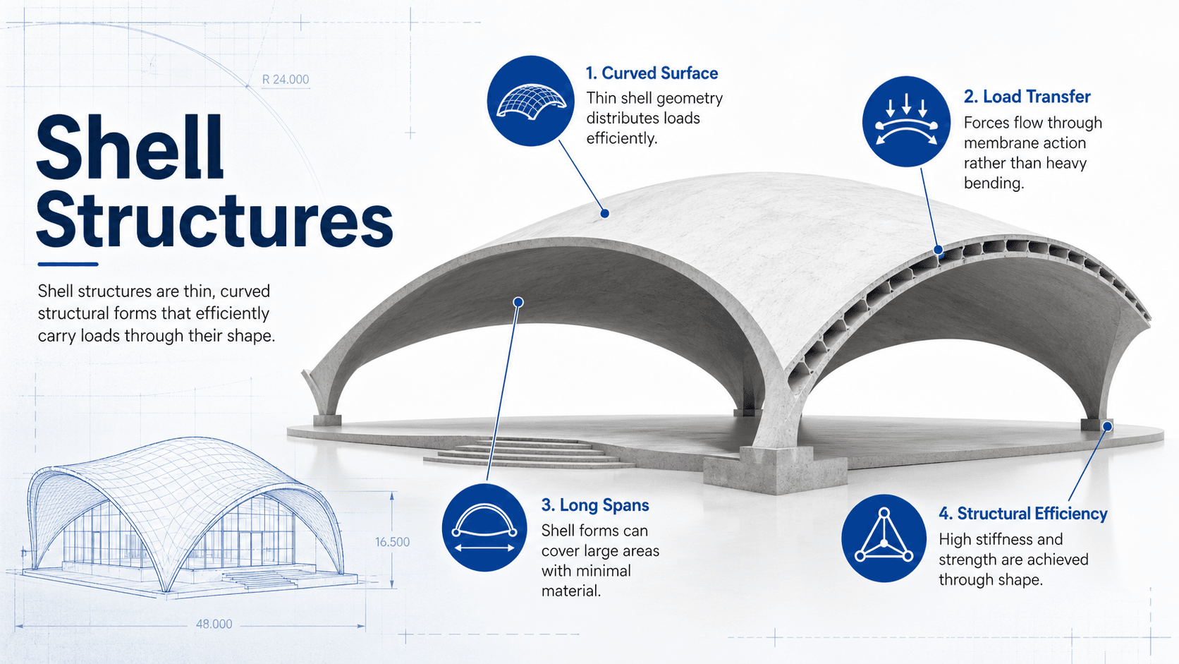 Diagram showing shell structures such as domes, barrel vaults, saddle shells, and gridshells carrying loads through curved surfaces and support edges
