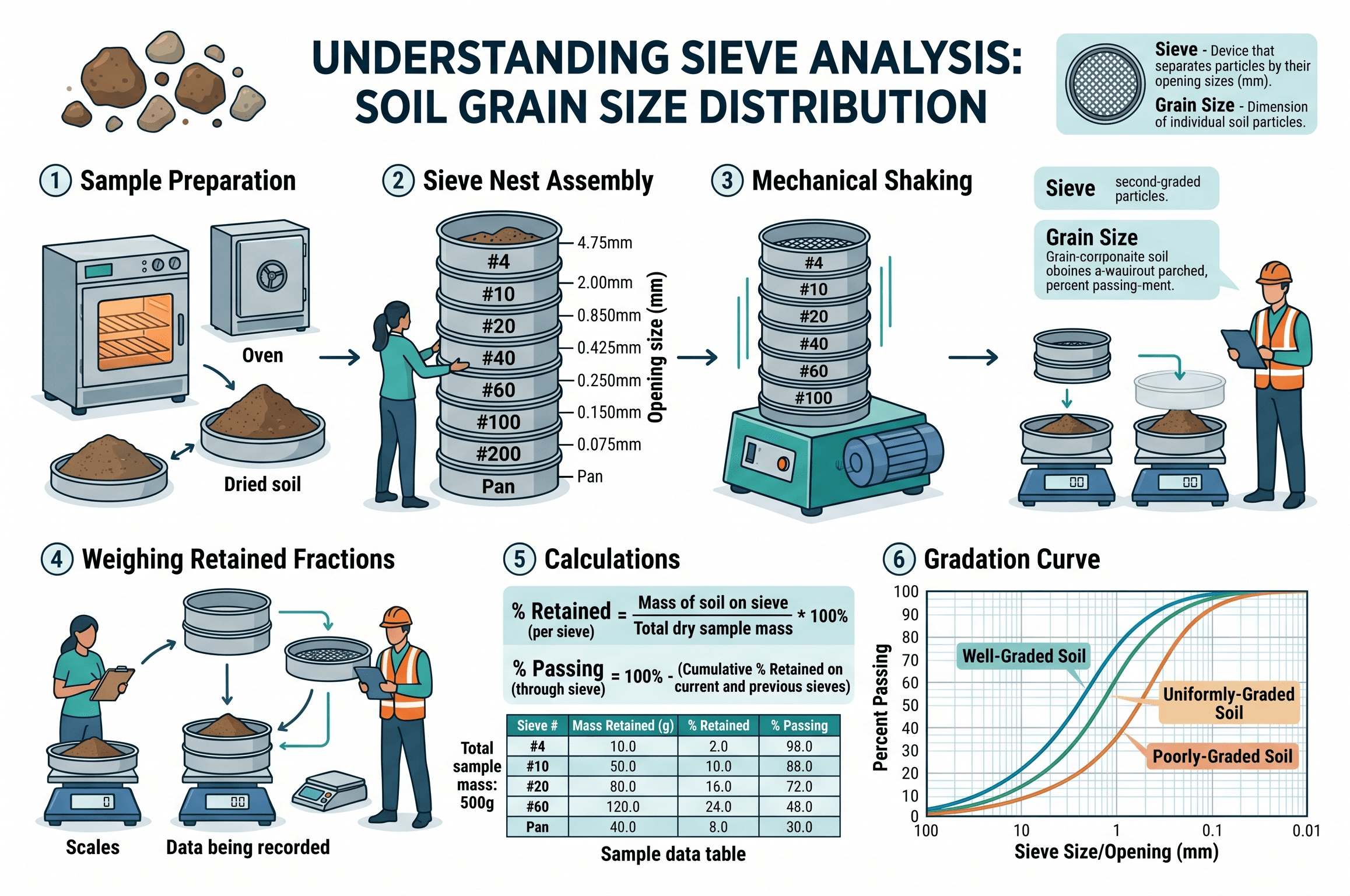 Instructional sieve analysis infographic showing stacked sieves, retained soil fractions, percent passing results, and the gradation curve used in geotechnical engineering