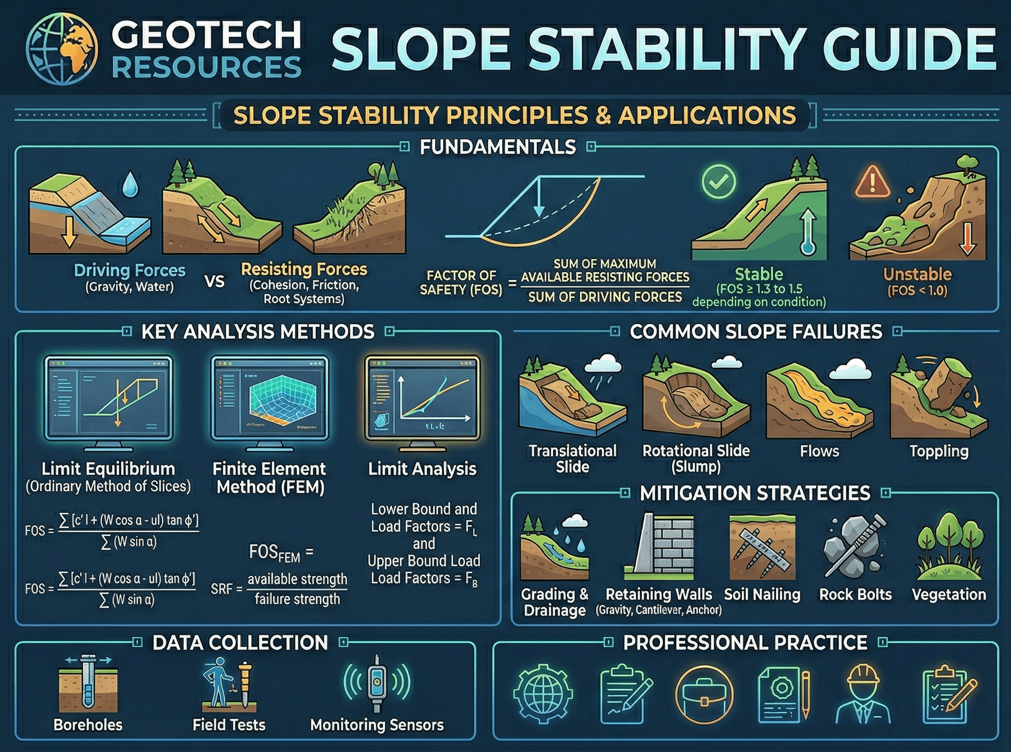 Slope stability infographic showing a soil slope, groundwater, slip surface, driving forces, resisting forces, and factor of safety concepts