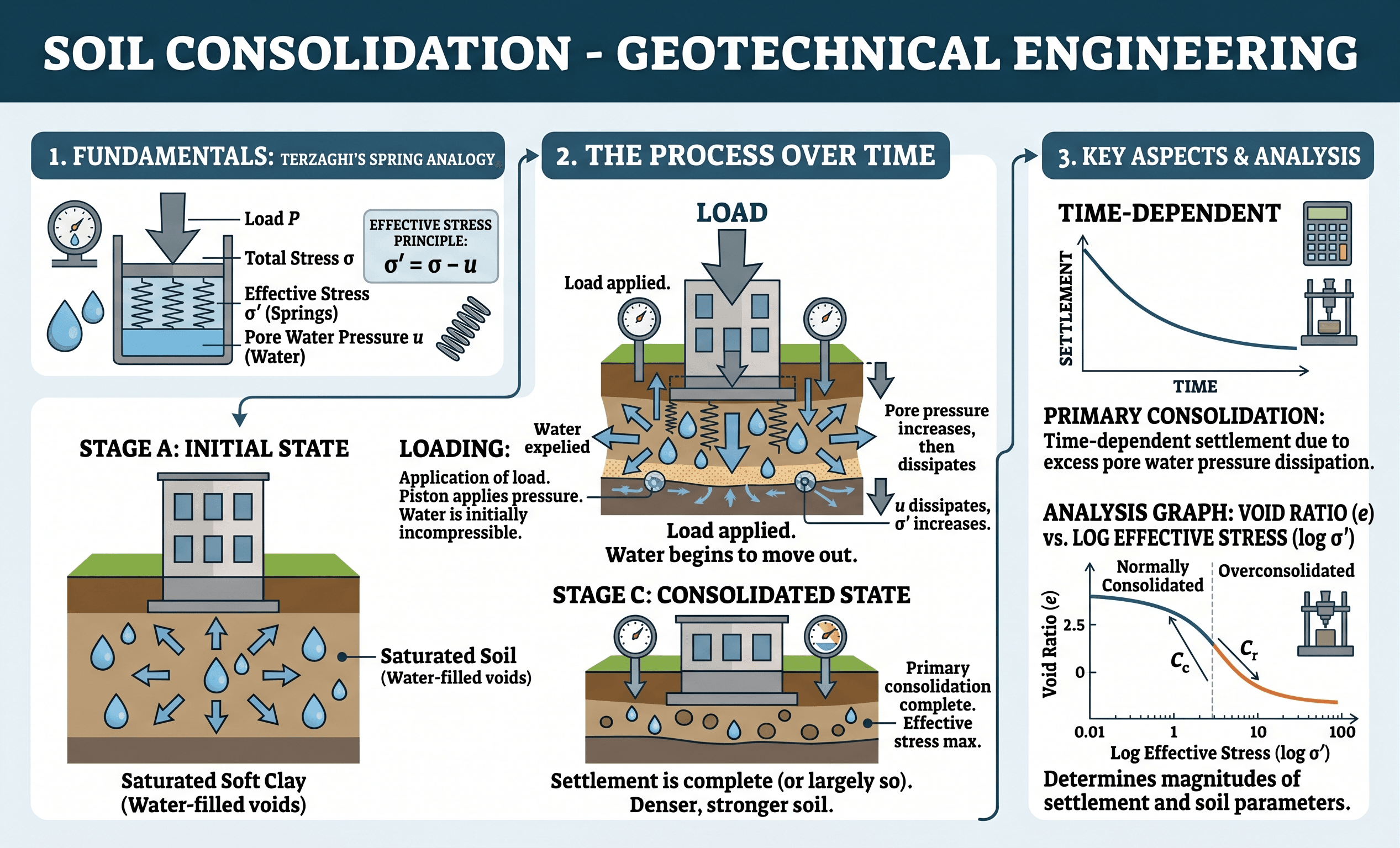 Instructional soil consolidation infographic showing added loading, excess pore water pressure, drainage path, effective stress increase, and resulting long-term settlement in saturated clay