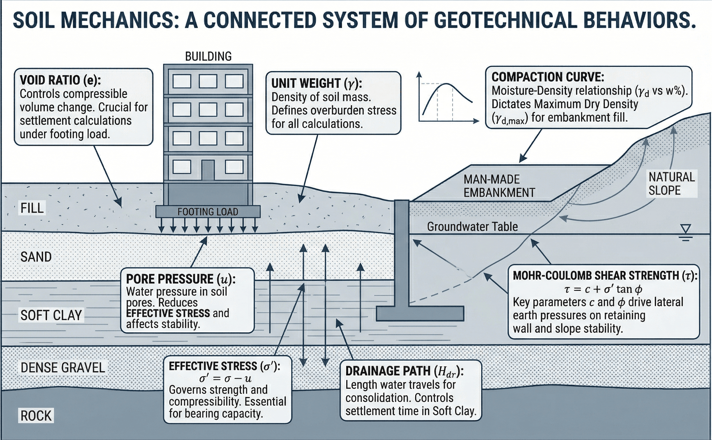 Soil mechanics diagram showing phase relationships, effective stress, seepage, compaction, shear strength, and consolidation as they relate to foundations, retaining walls, slopes, and earthworks.
