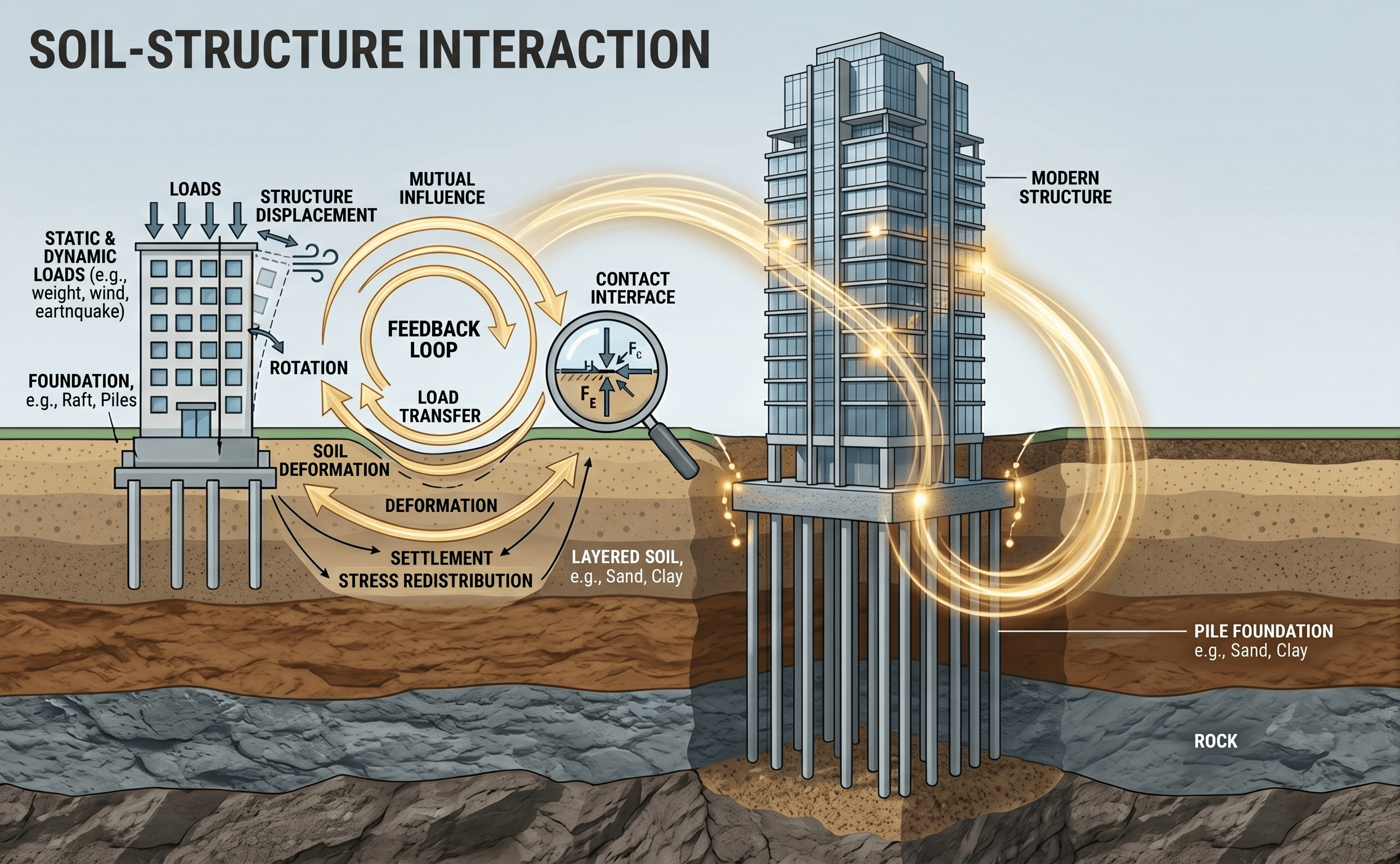 Instructional soil-structure interaction diagram showing structural loads, foundation contact, soil deformation, stiffness, settlement, and feedback between the ground and the structure