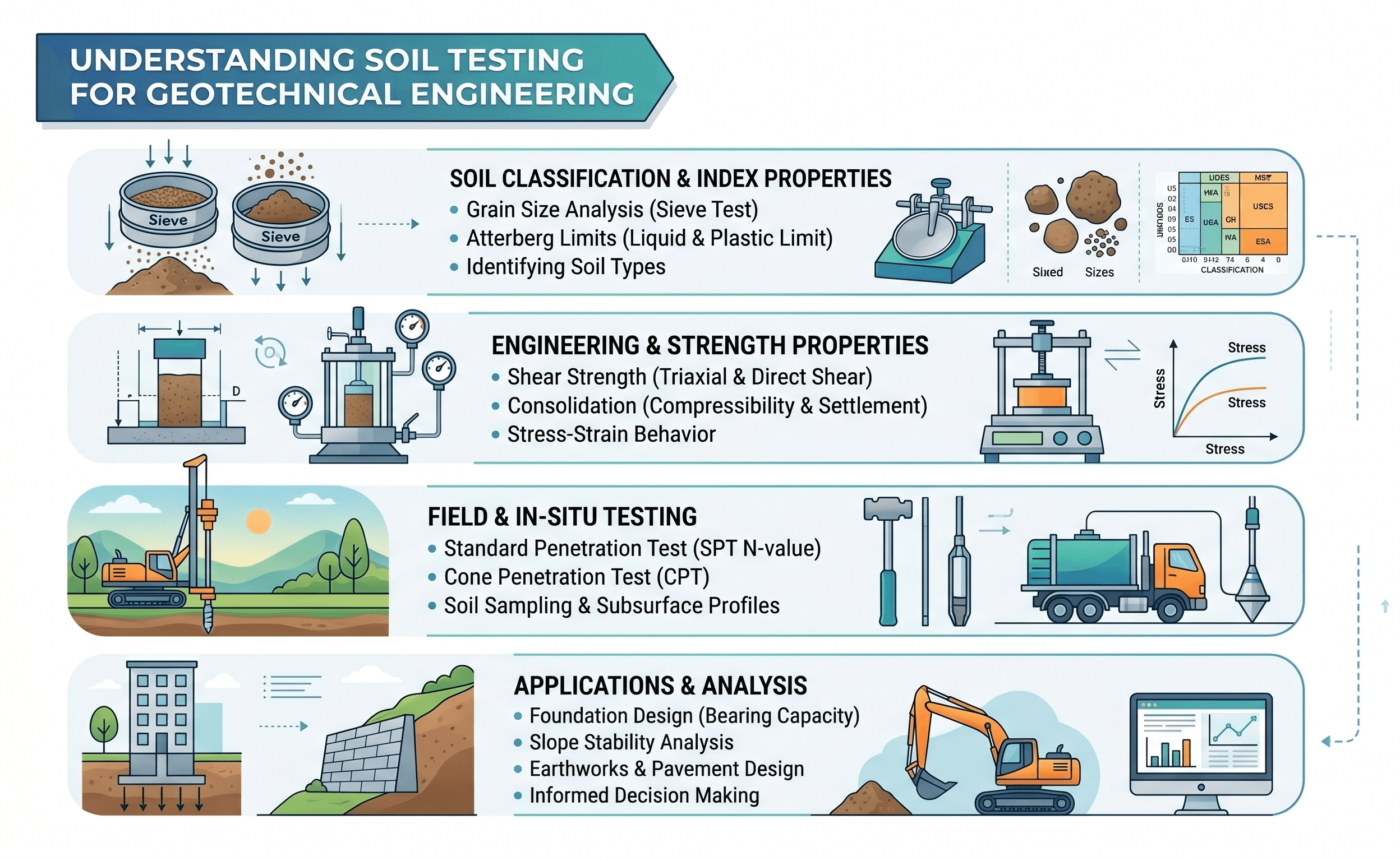 Instructional soil testing infographic showing how classification, moisture, compaction, shear strength, permeability, and settlement tests connect to geotechnical design decisions