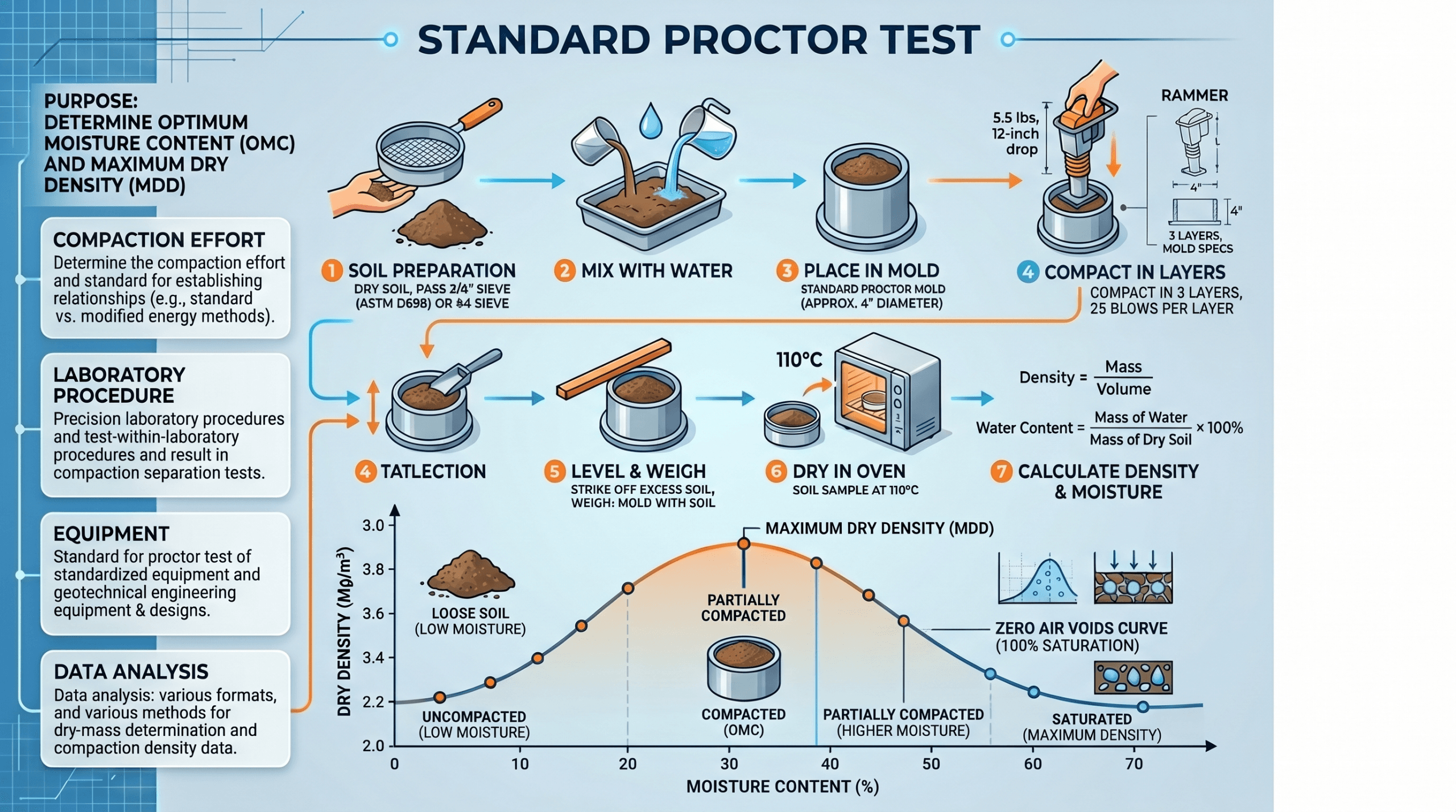 Instructional Standard Proctor Test infographic showing soil preparation, moisture mixing, mold compaction, oven drying, density calculations, and the moisture-density curve used to find optimum moisture content and maximum dry density.