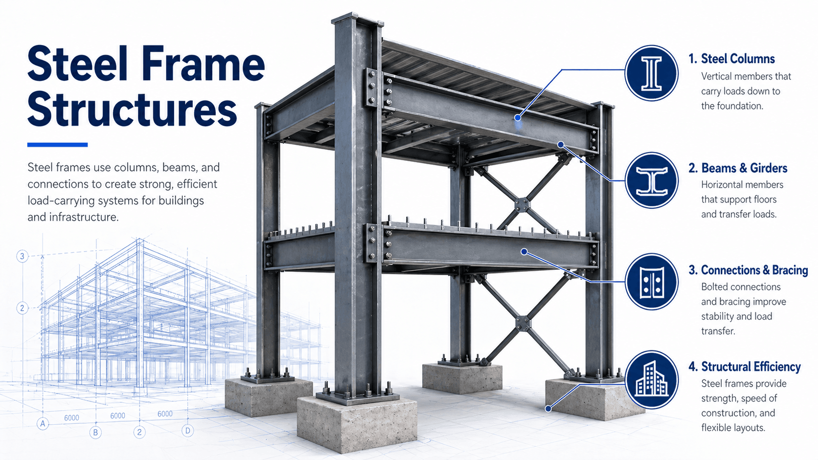 Diagram of steel frame structures showing beams, columns, bracing, connections, foundations, gravity loads, and lateral loads