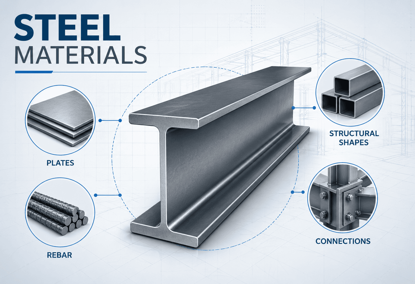 Steel materials infographic showing structural steel shapes, reinforcing bars, plates, tubes, connections, and corrosion protection considerations