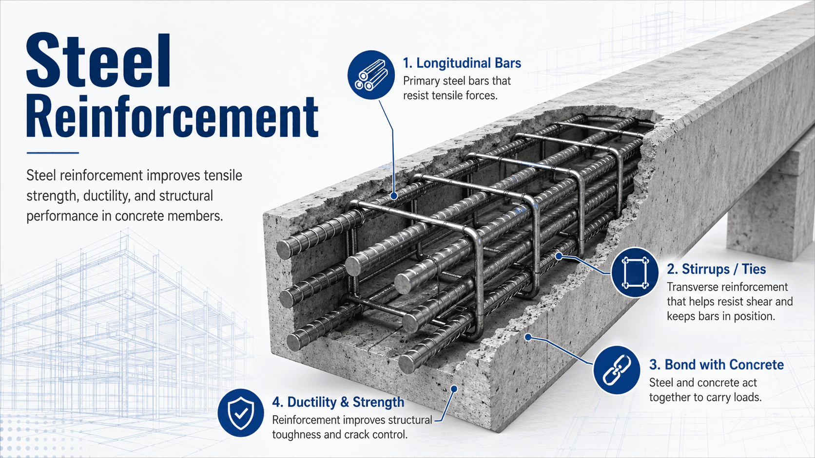 Instructional steel reinforcement diagram showing rebar embedded in concrete to resist tension, control cracking, and transfer force through reinforced concrete members