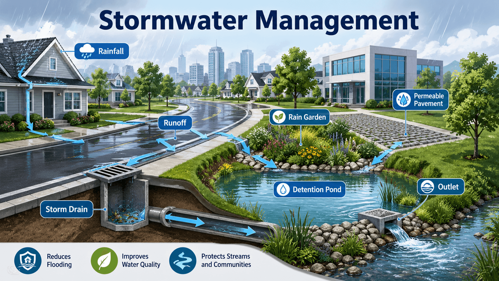 Stormwater management diagram showing rainfall runoff moving through roofs, pavement, green infrastructure, drainage pipes, storage basins, and receiving waters