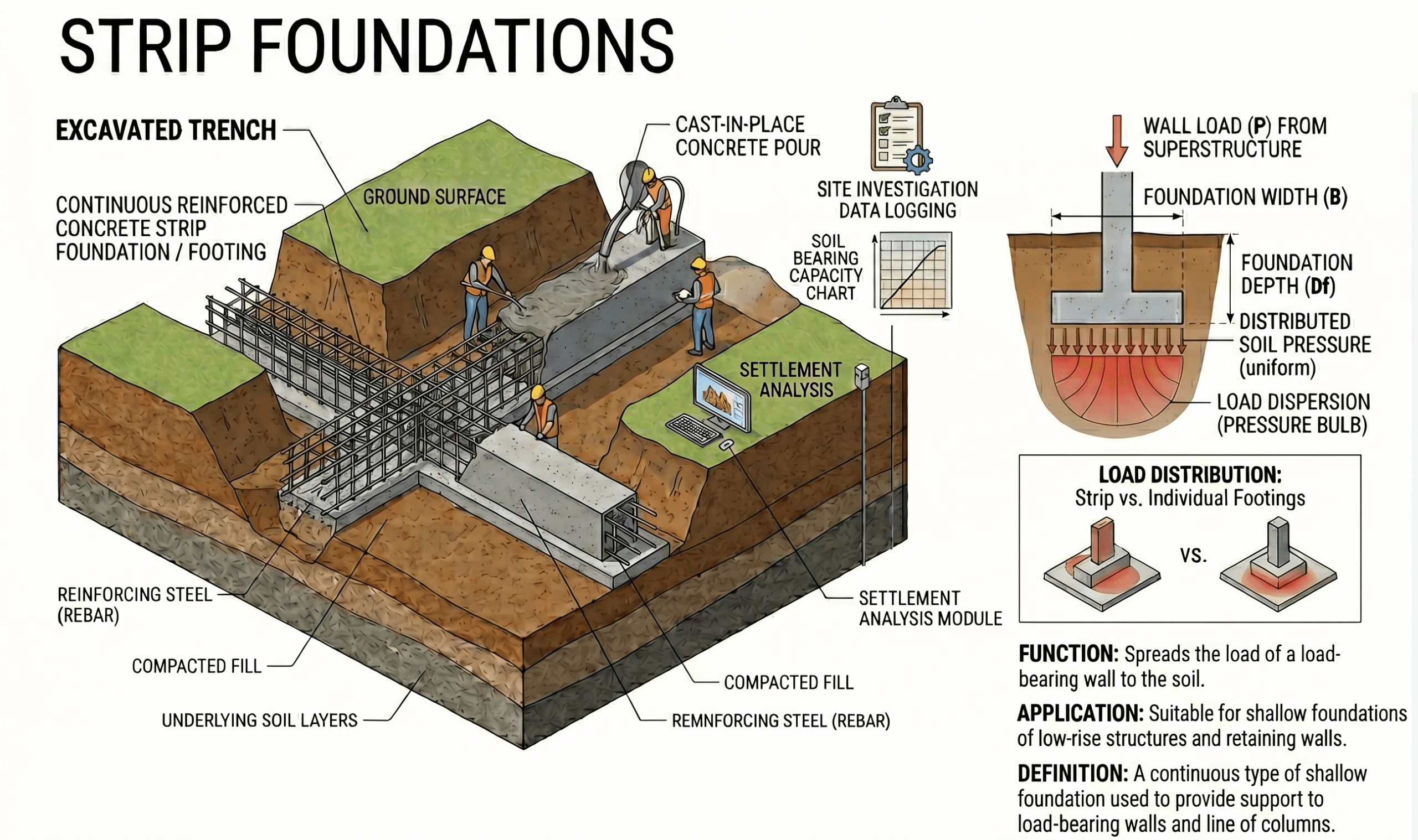 Instructional diagram of strip foundations showing a continuous footing beneath a load-bearing wall, load transfer into soil, footing width, embedment depth, and the bearing and settlement checks that govern design