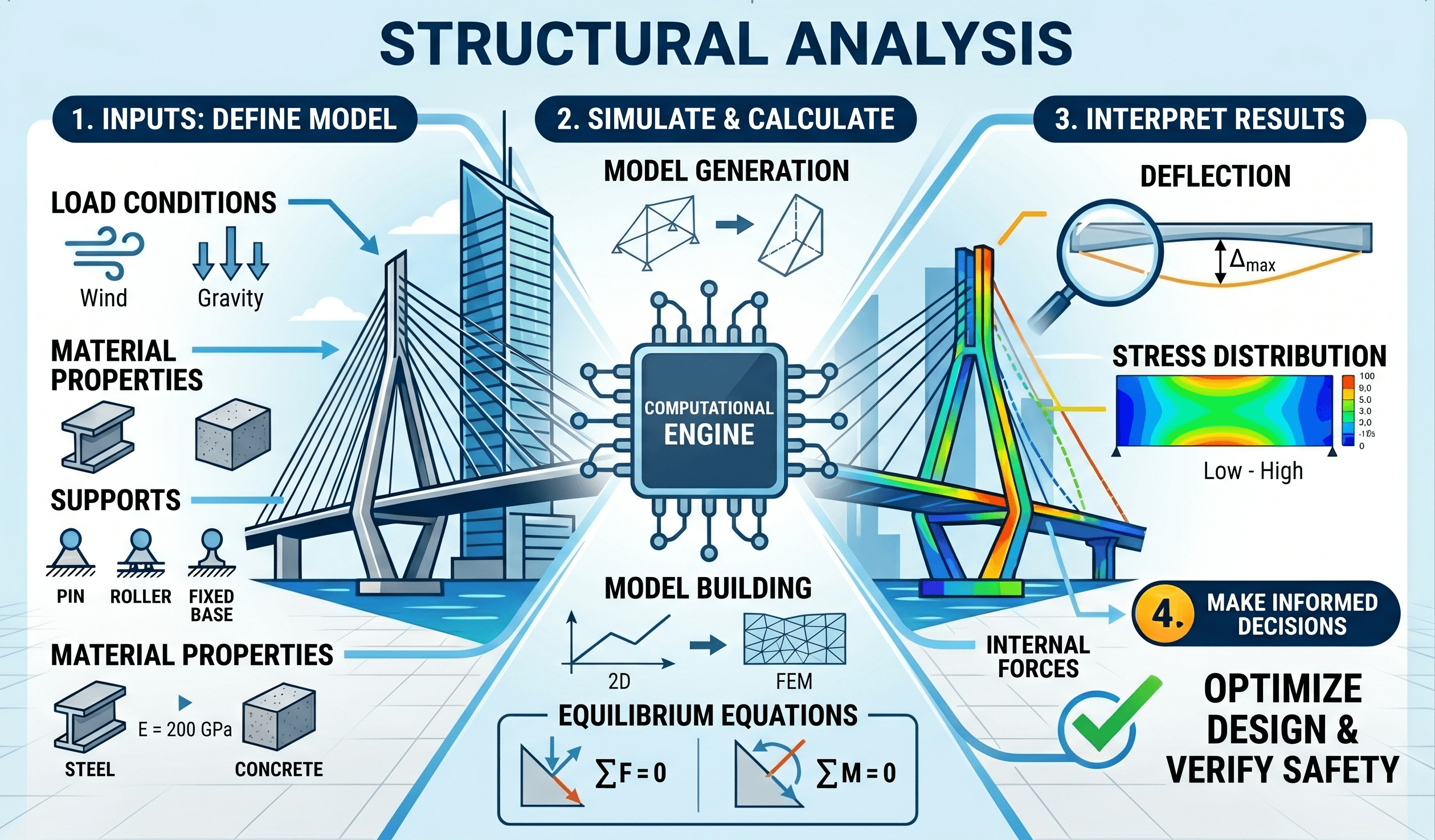 Instructional structural analysis infographic showing loads, supports, reactions, internal forces, deflection, and engineering checks in a structural model