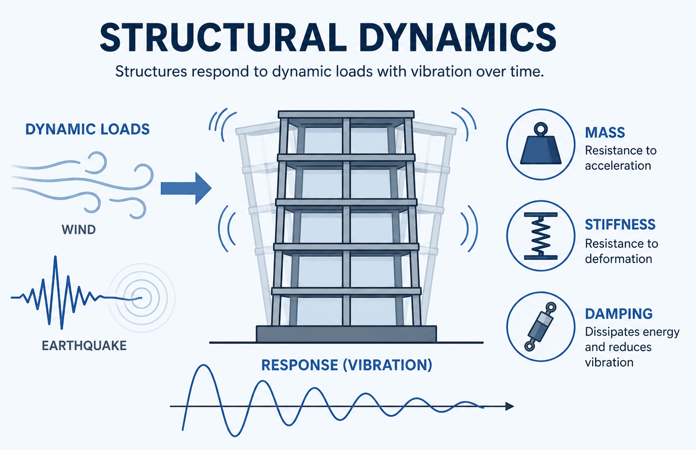 Instructional structural dynamics infographic showing dynamic loads, vibration response, stiffness, mass, damping, and resonance in a structural system