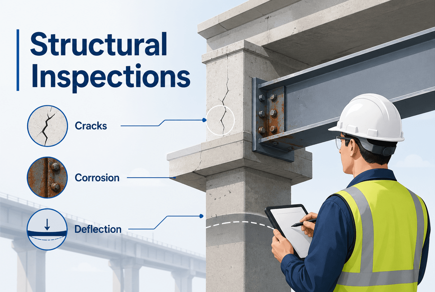 Instructional structural inspections diagram showing cracks, corrosion, movement, foundation distress, load path concerns, documentation, and repair prioritization