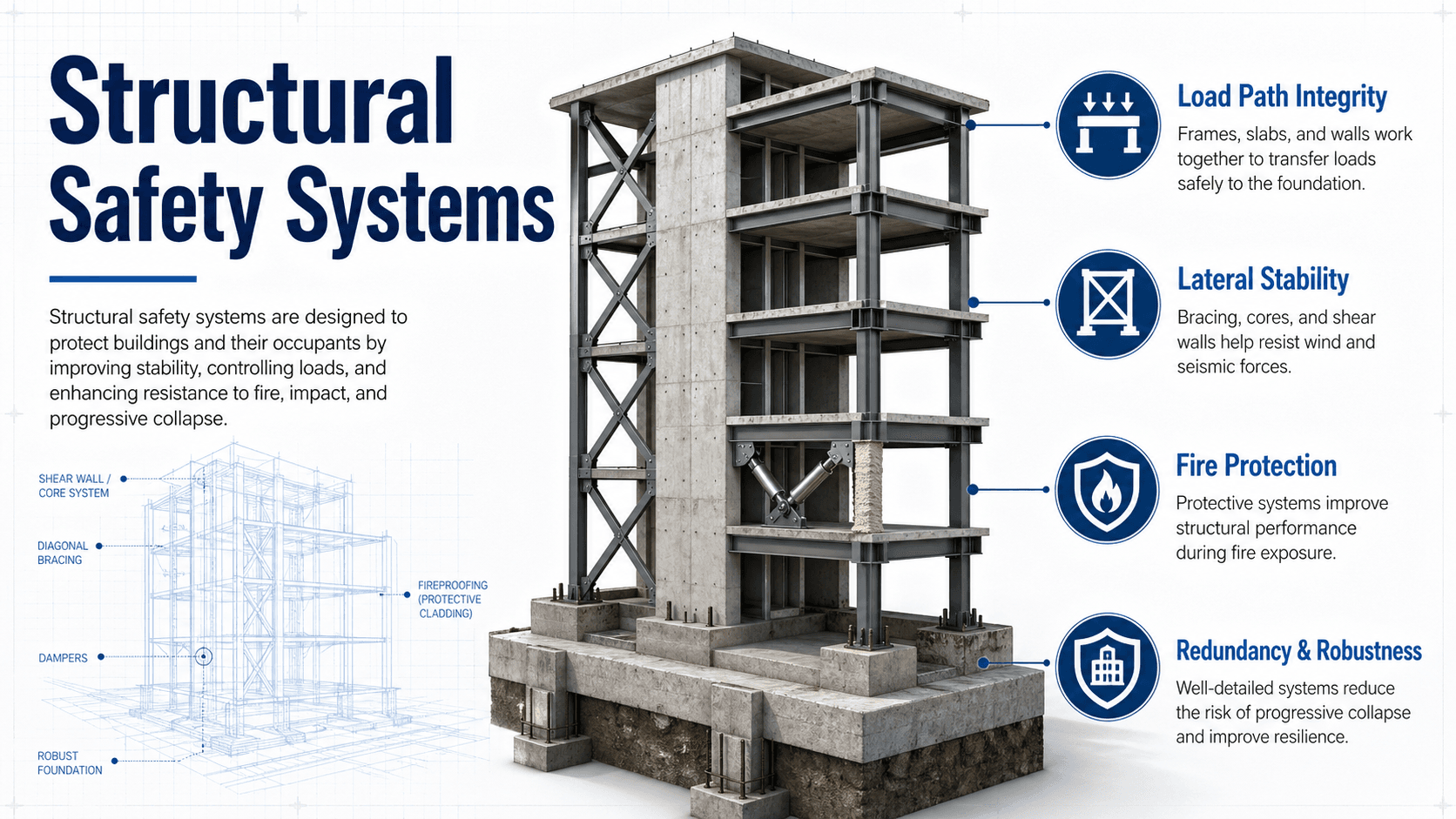 Instructional structural safety systems diagram showing load paths, gravity framing, lateral resistance, foundations, connections, redundancy, and monitoring working together