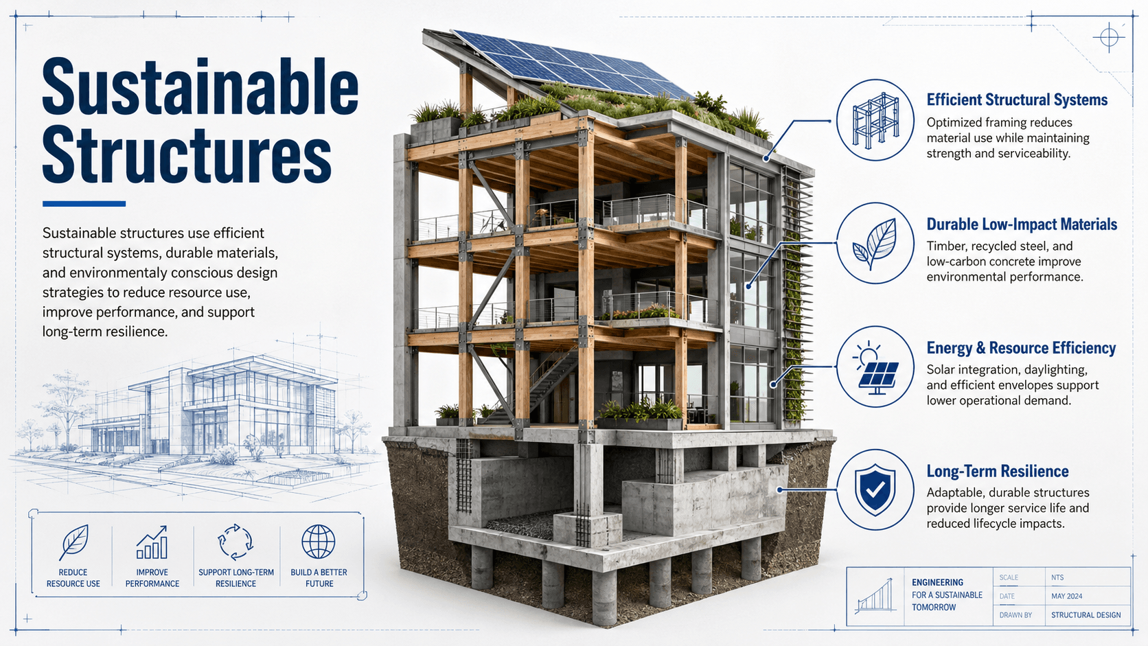 Diagram showing sustainable structures using efficient load paths, low-carbon materials, durability, adaptability, and reuse across the building life cycle
