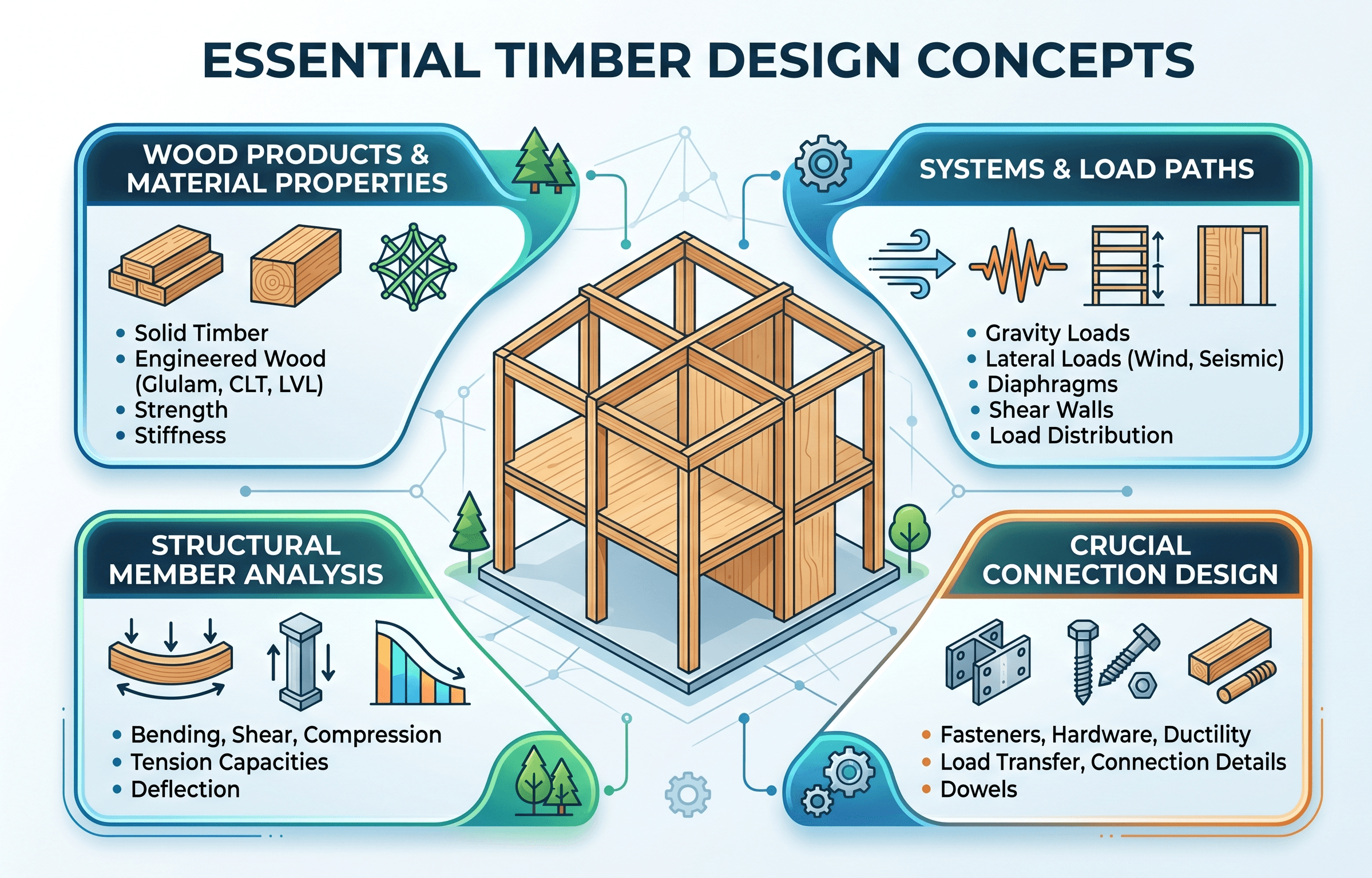 Timber design infographic showing how loads, wood grain, member sizing, connections, moisture, and serviceability work together in structural wood design.