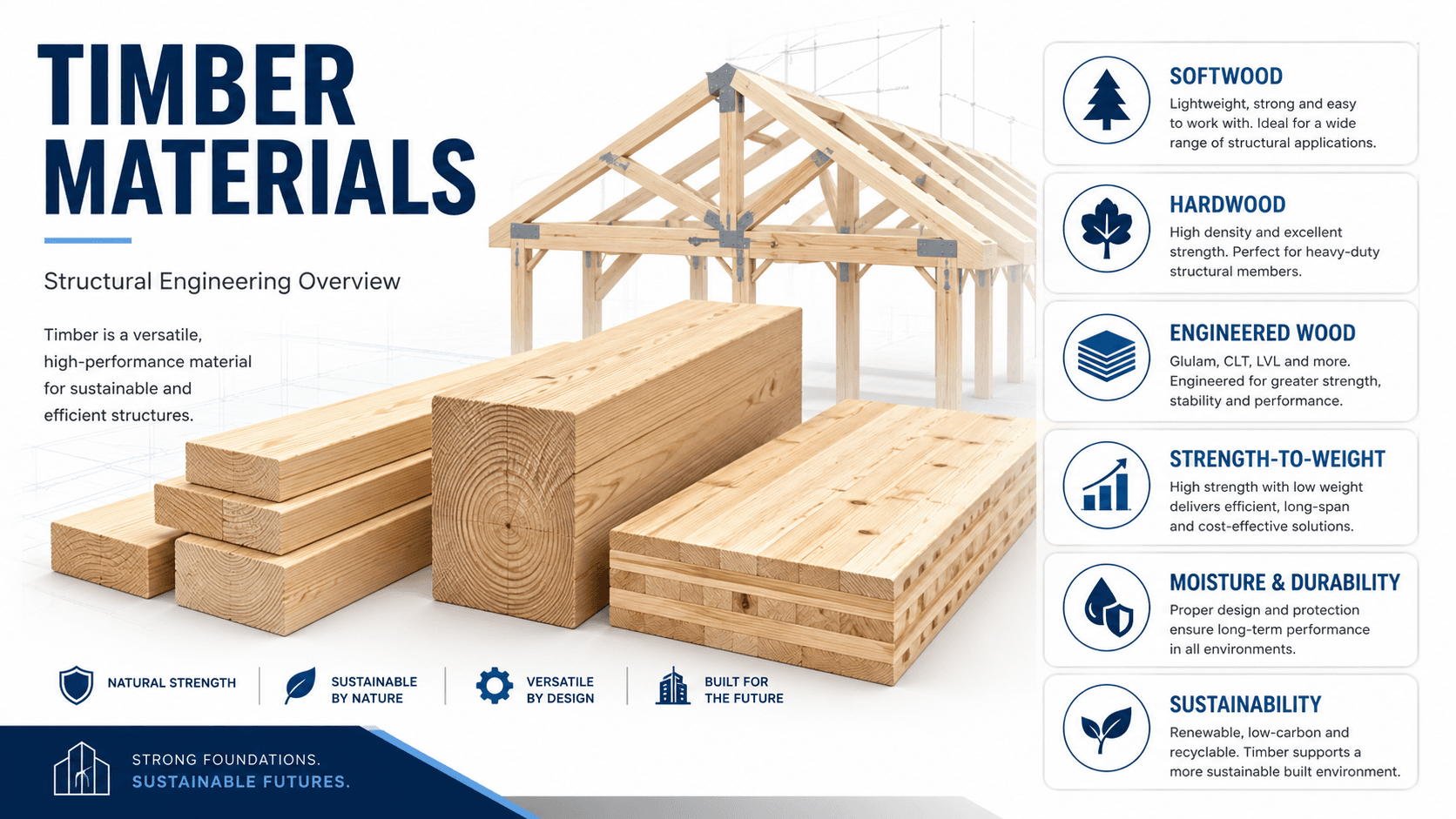Diagram organizing timber materials into solid-sawn lumber, engineered wood, mass timber panels, structural panels, and treated timber products
