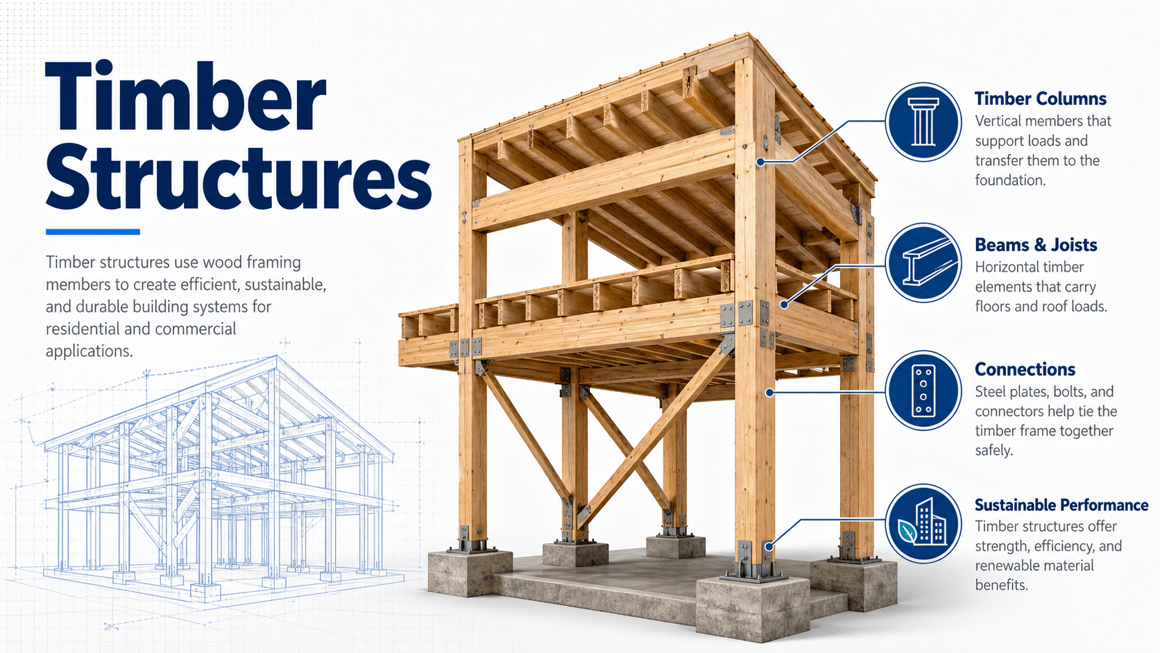 Diagram showing how timber structures use beams, columns, panels, connections, and load paths to support structural loads