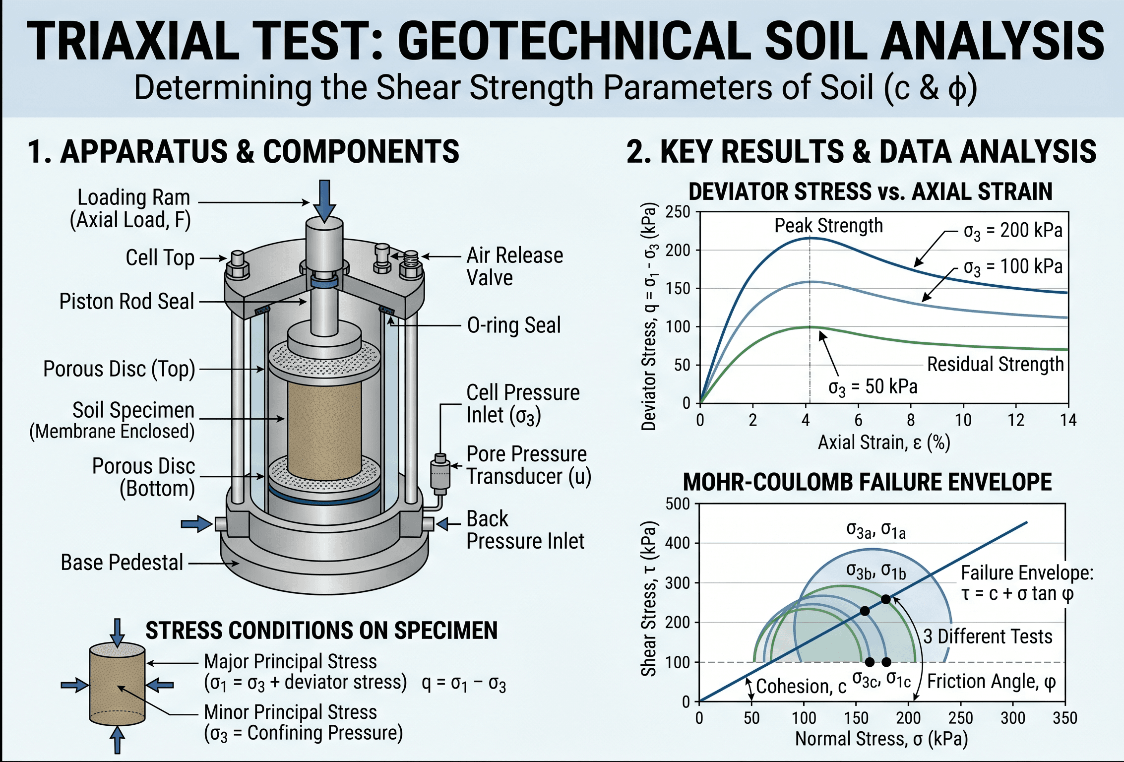 Instructional triaxial test infographic showing apparatus components, confining pressure, deviator stress versus axial strain, and Mohr-Coulomb interpretation of soil shear strength