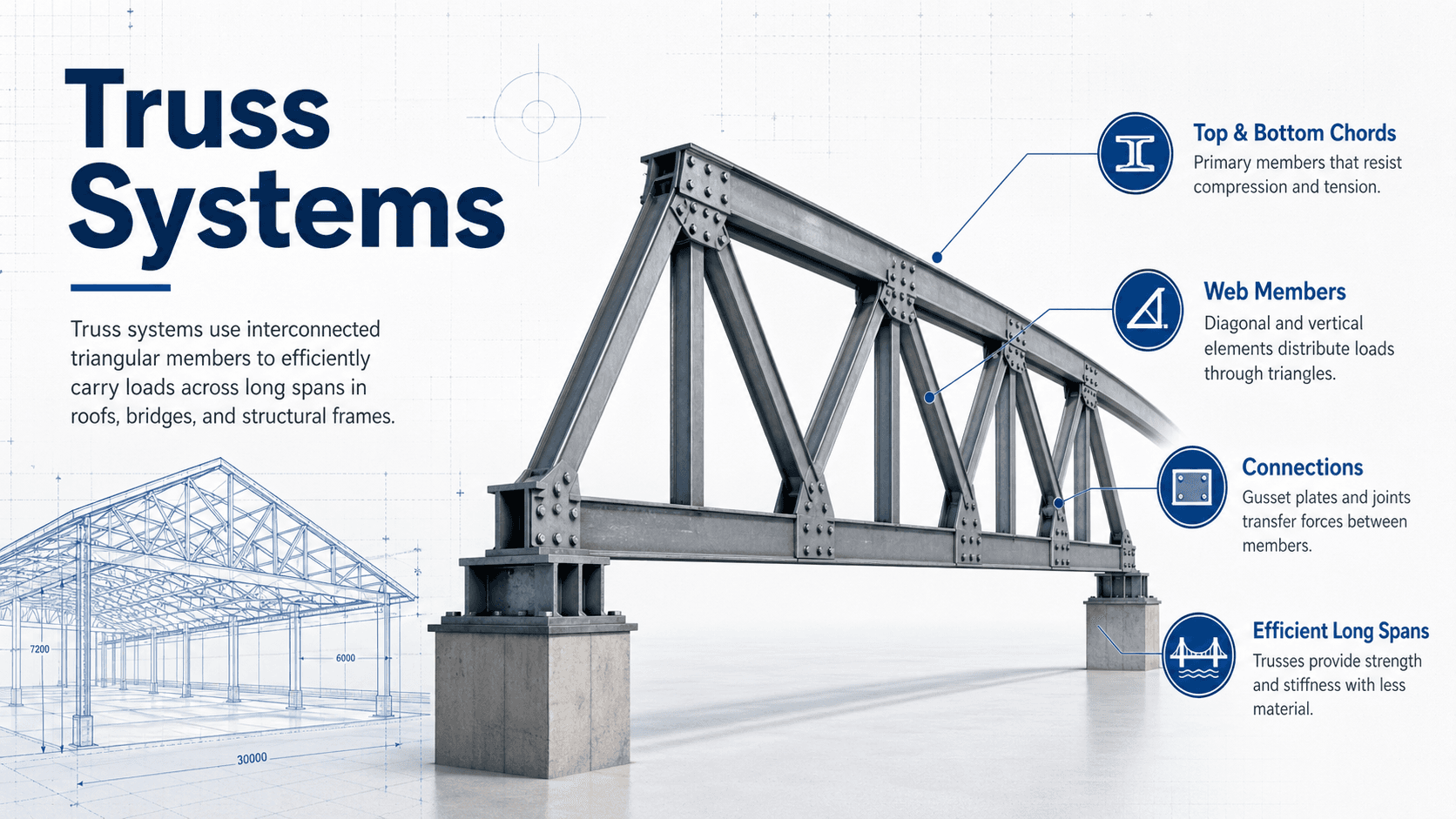 Diagram of a truss system showing triangular members, chords, web members, supports, and load transfer through the structure