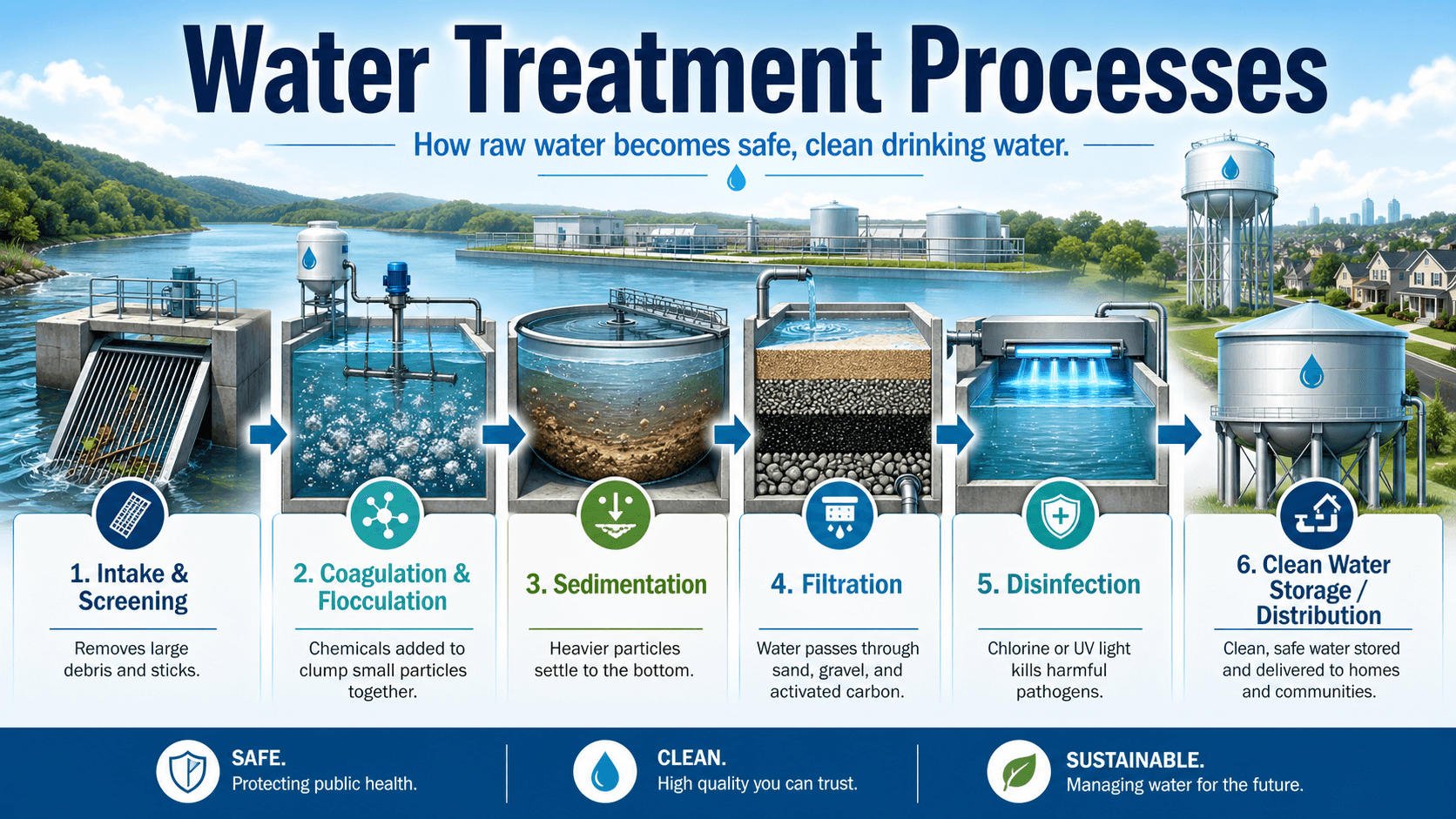 Instructional diagram showing how water treatment processes move from intake and screening through clarification, filtration, disinfection, and finished water control.