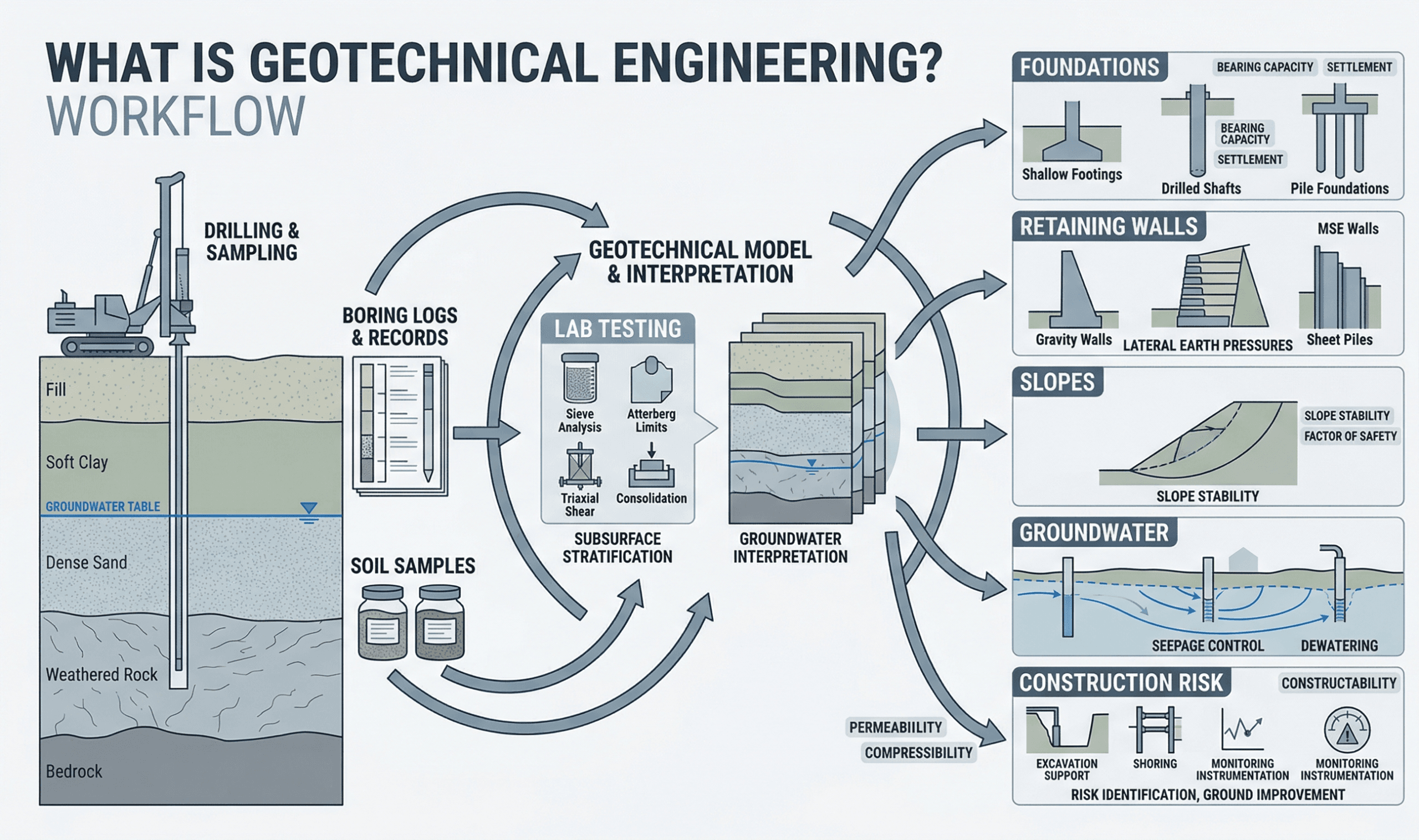 Diagram showing what geotechnical engineering includes, from subsurface investigation and soil behavior to foundation design, retaining walls, slopes, groundwater, and construction decisions.