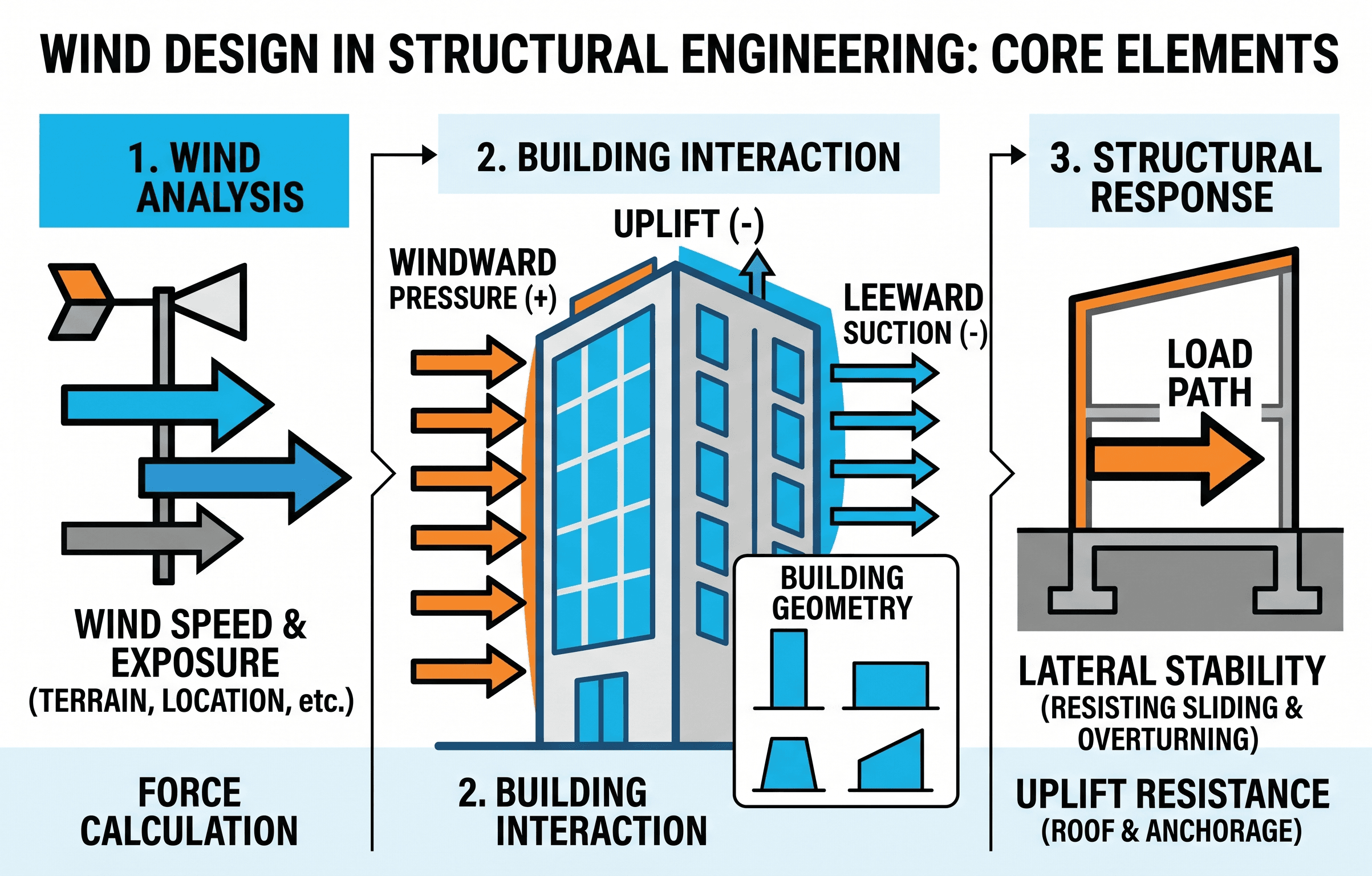 Infographic explaining wind design with wind pressure, roof uplift, wall forces, lateral load path, cladding checks, and foundation resistance