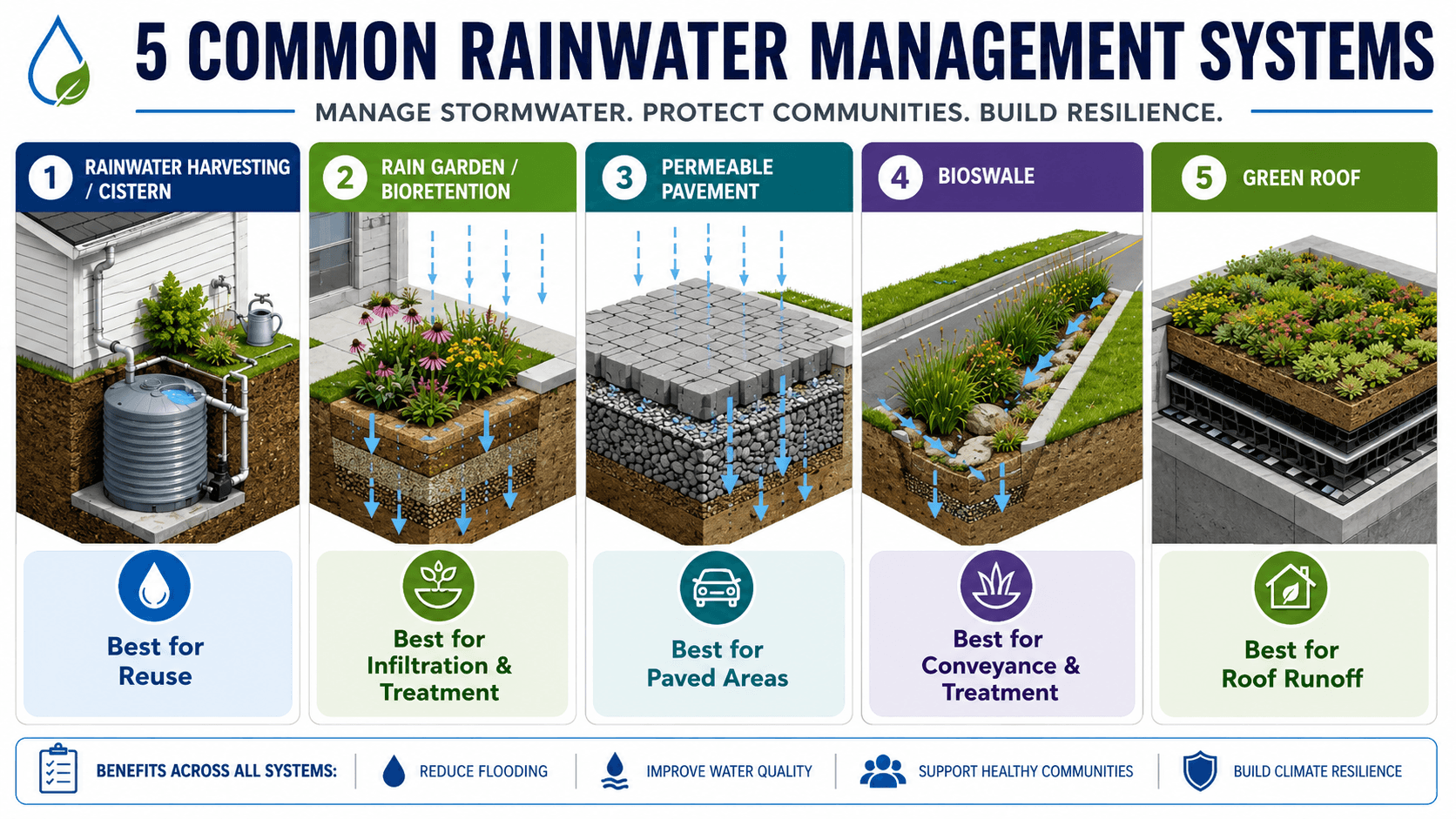 Comparison infographic of five common rainwater management systems: rainwater harvesting cisterns, rain gardens, permeable pavement, bioswales, and green roofs.