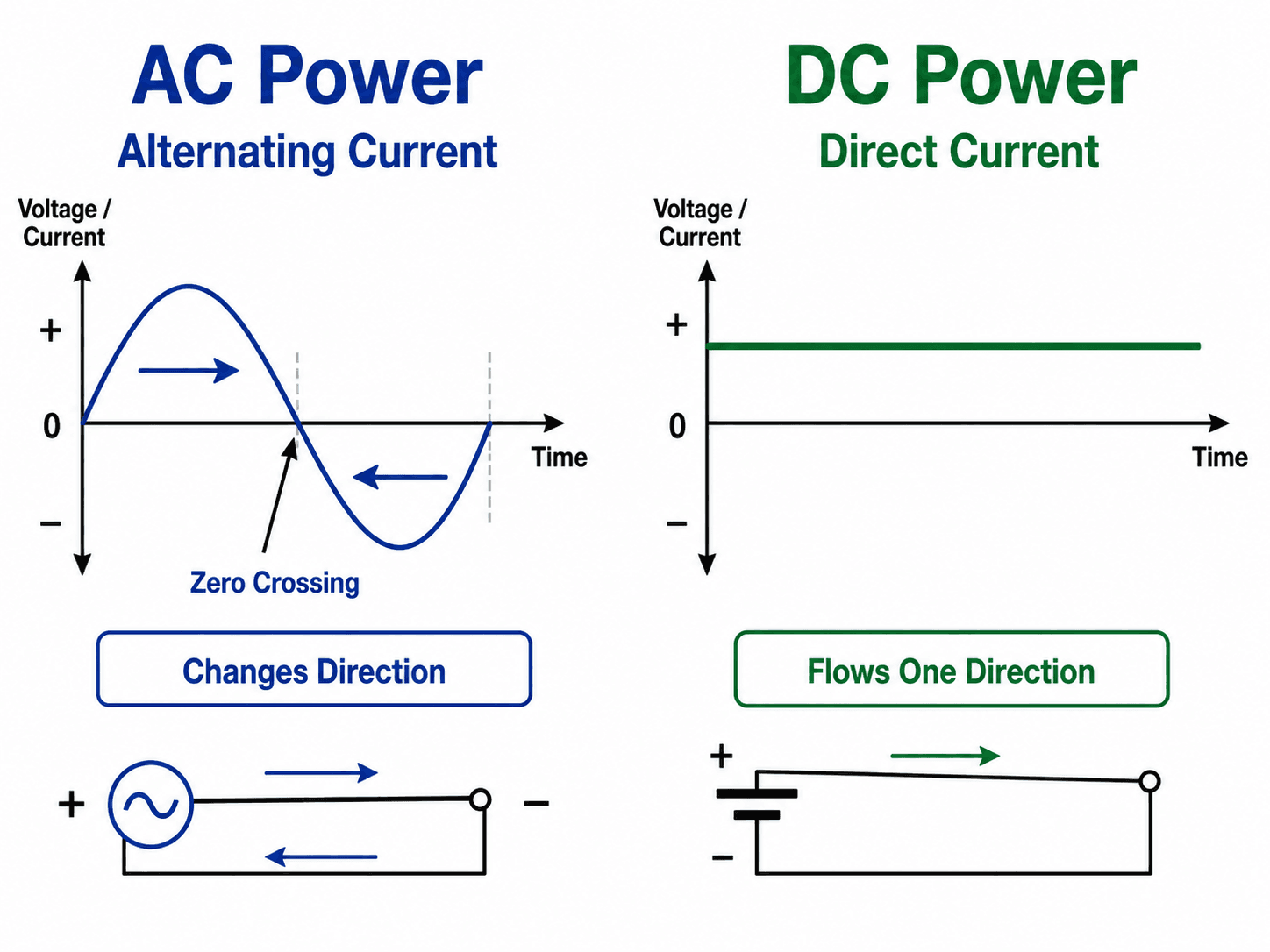 AC vs DC power waveform diagram showing alternating current crossing zero and direct current maintaining fixed polarity