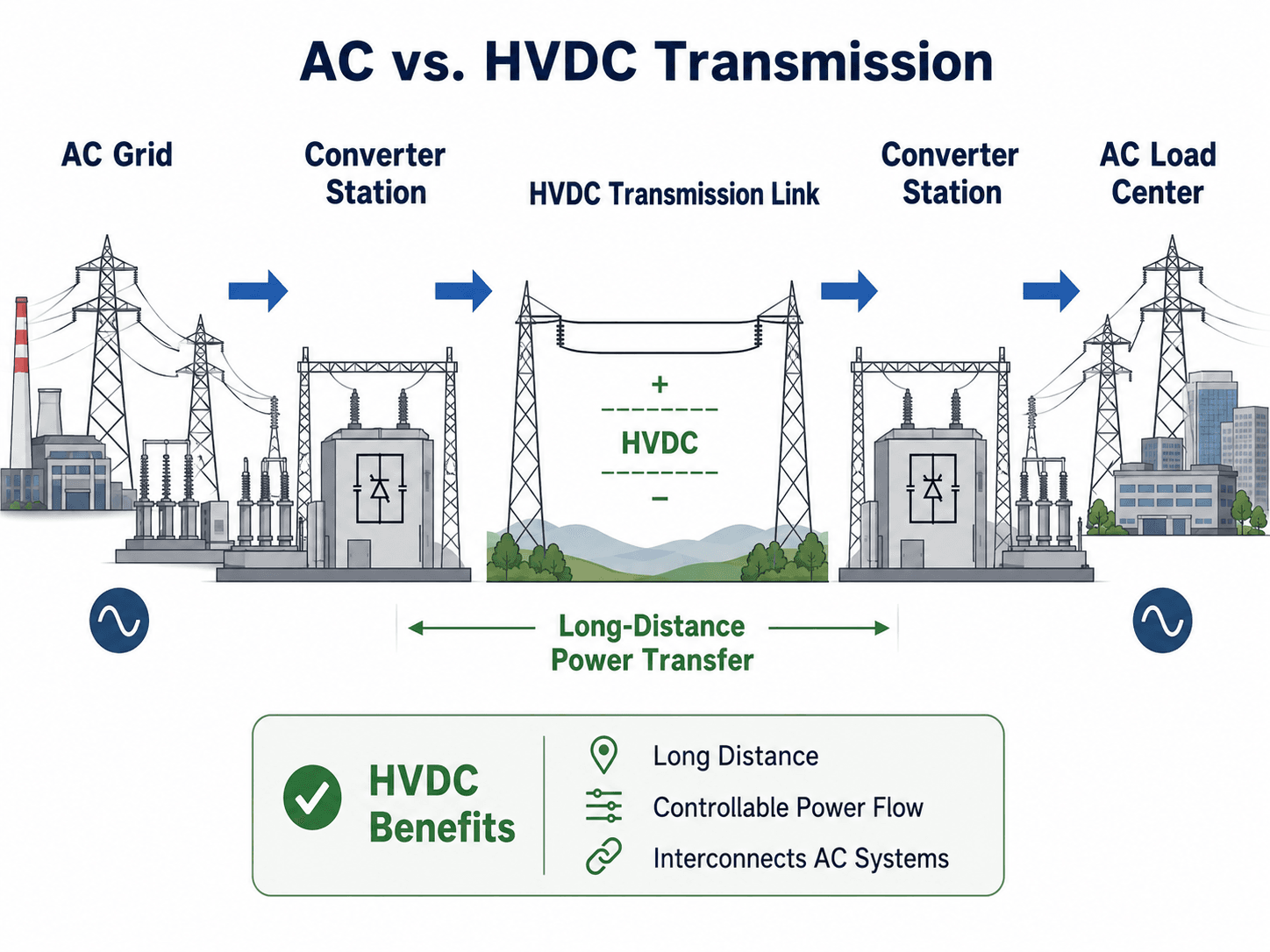 AC versus HVDC transmission link showing AC grid, converter station, HVDC line, converter station, and AC load center