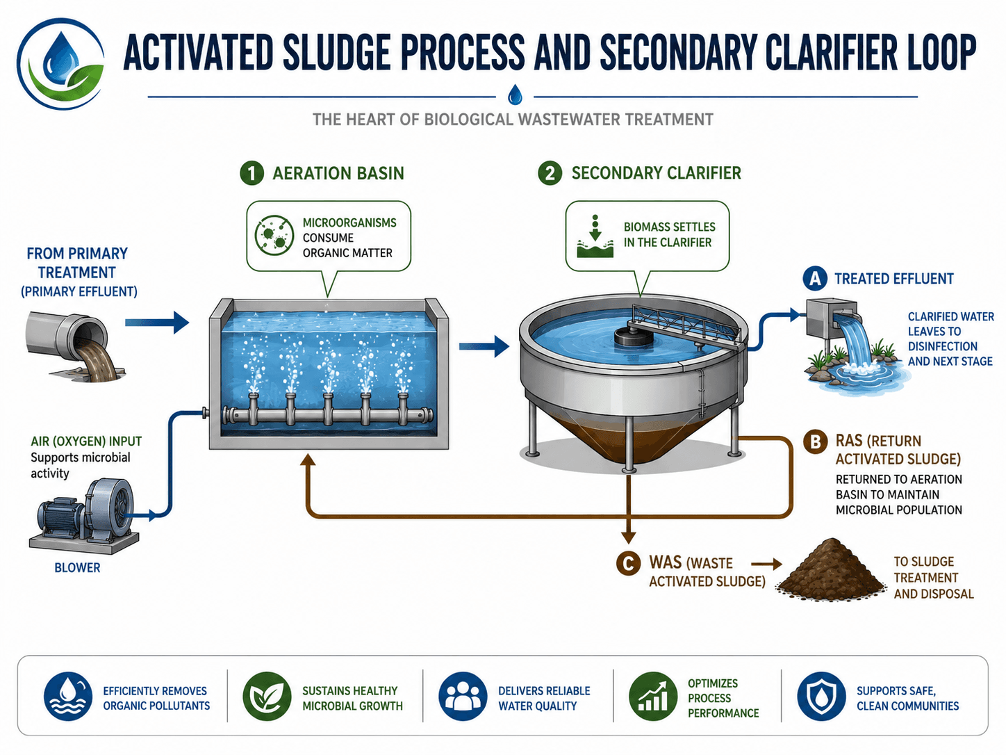 Activated sludge process diagram showing aeration basin, secondary clarifier, treated effluent, return activated sludge, and waste activated sludge