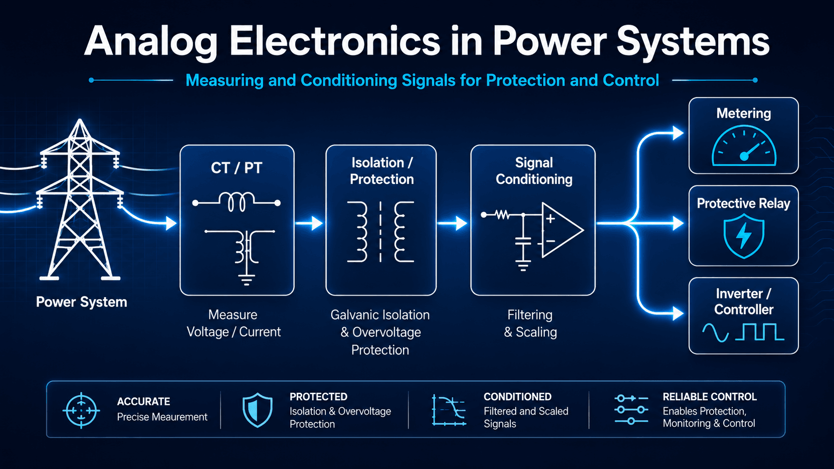 Analog electronics in power systems showing CT PT measurement, isolation, protection, signal conditioning, metering, protective relay, and inverter controller outputs