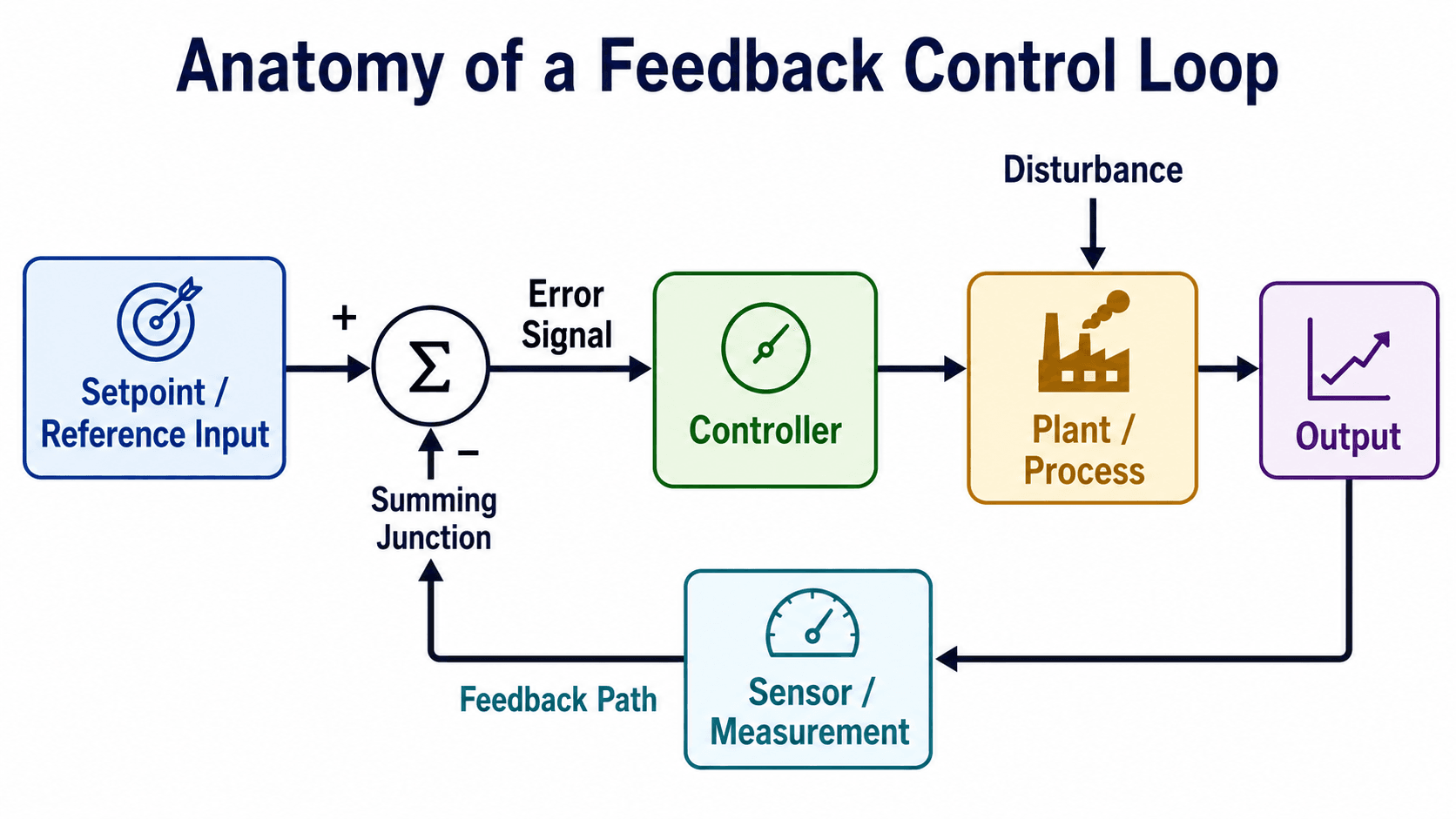 Feedback control system diagram showing setpoint, summing junction, error signal, controller, plant process, output, sensor measurement, disturbance, and feedback path