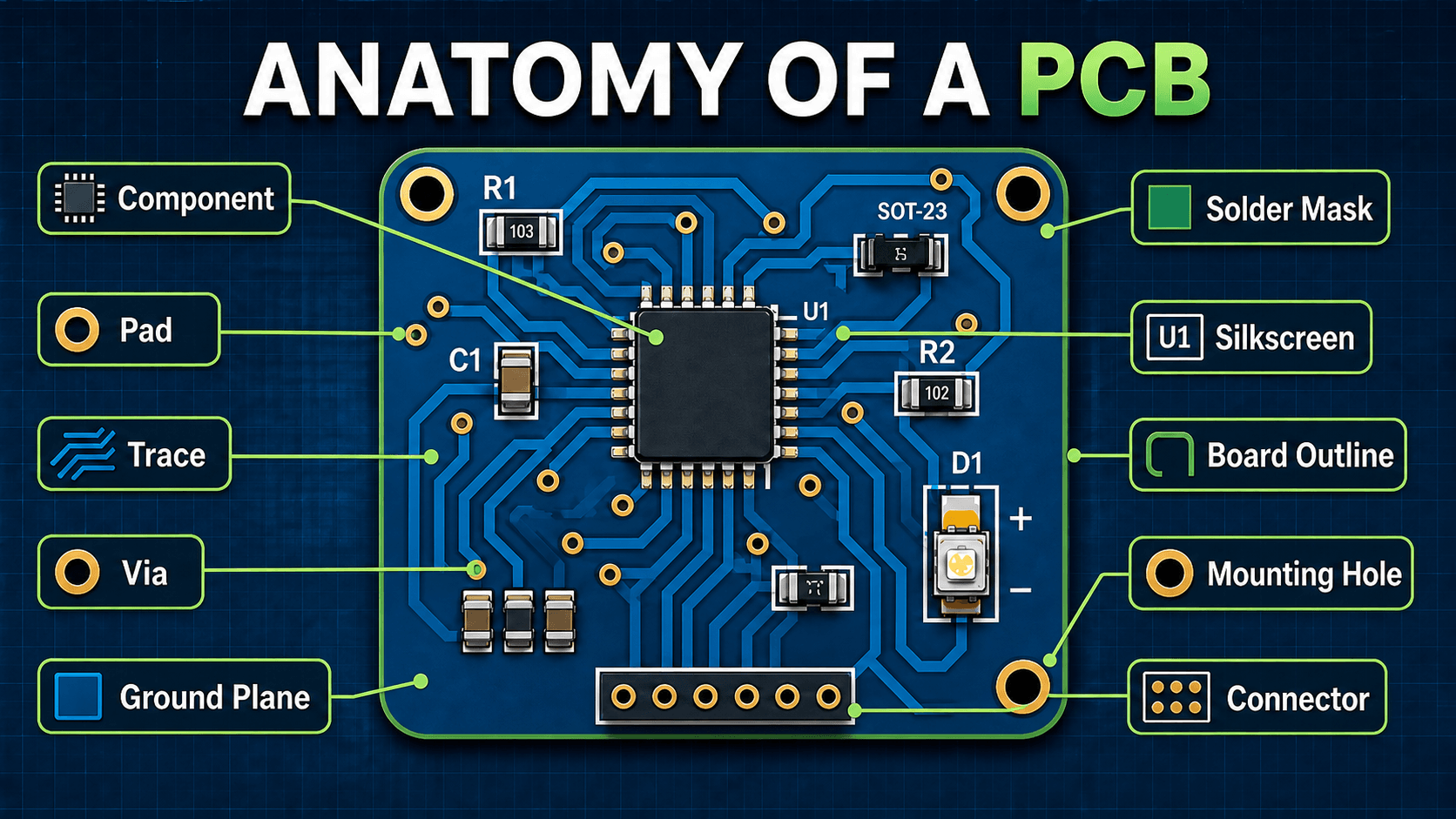 Anatomy of a PCB diagram labeling components, pads, traces, vias, ground plane, solder mask, silkscreen, board outline, mounting hole, and connector