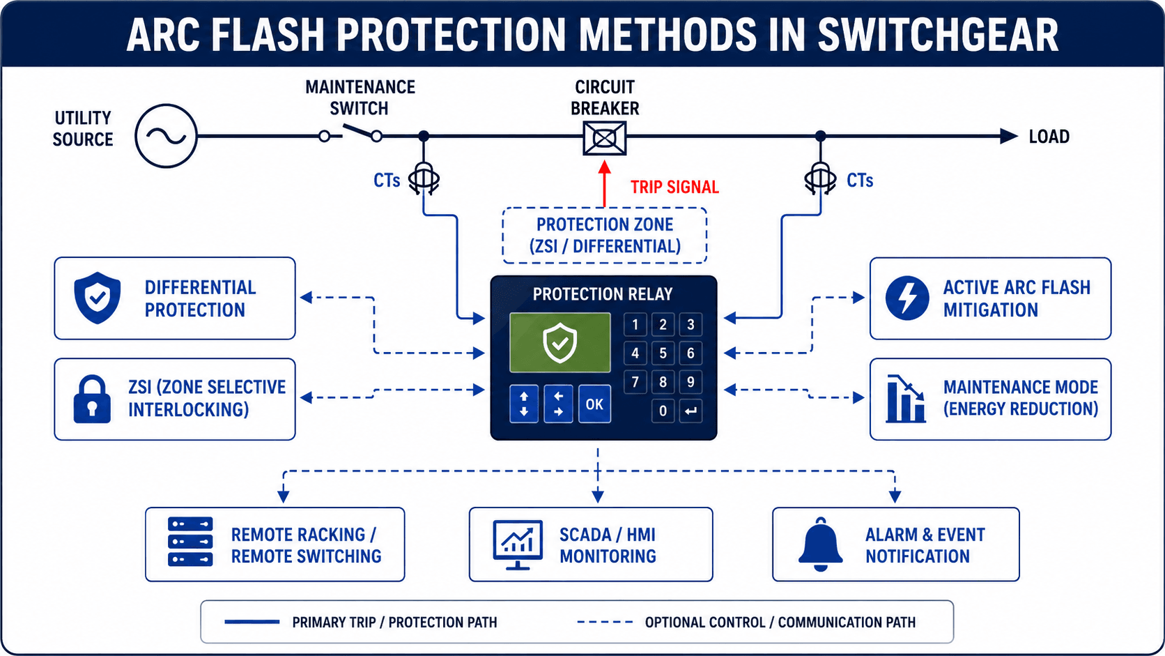 Arc flash protection methods in switchgear showing relay, circuit breaker, current transformers, differential protection, ZSI, maintenance mode, and remote operation