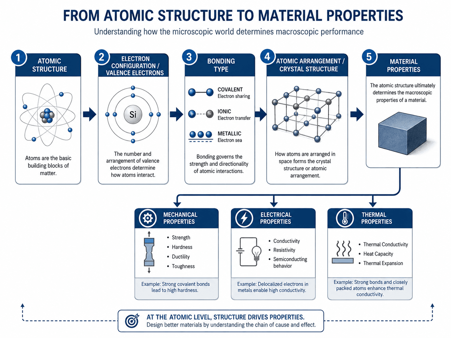 Flow diagram showing how atomic structure leads to electron configuration, bonding type, crystal structure, and material properties