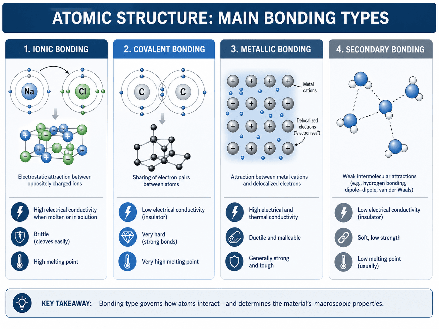 Comparison diagram showing ionic, covalent, metallic, and secondary bonding types in materials