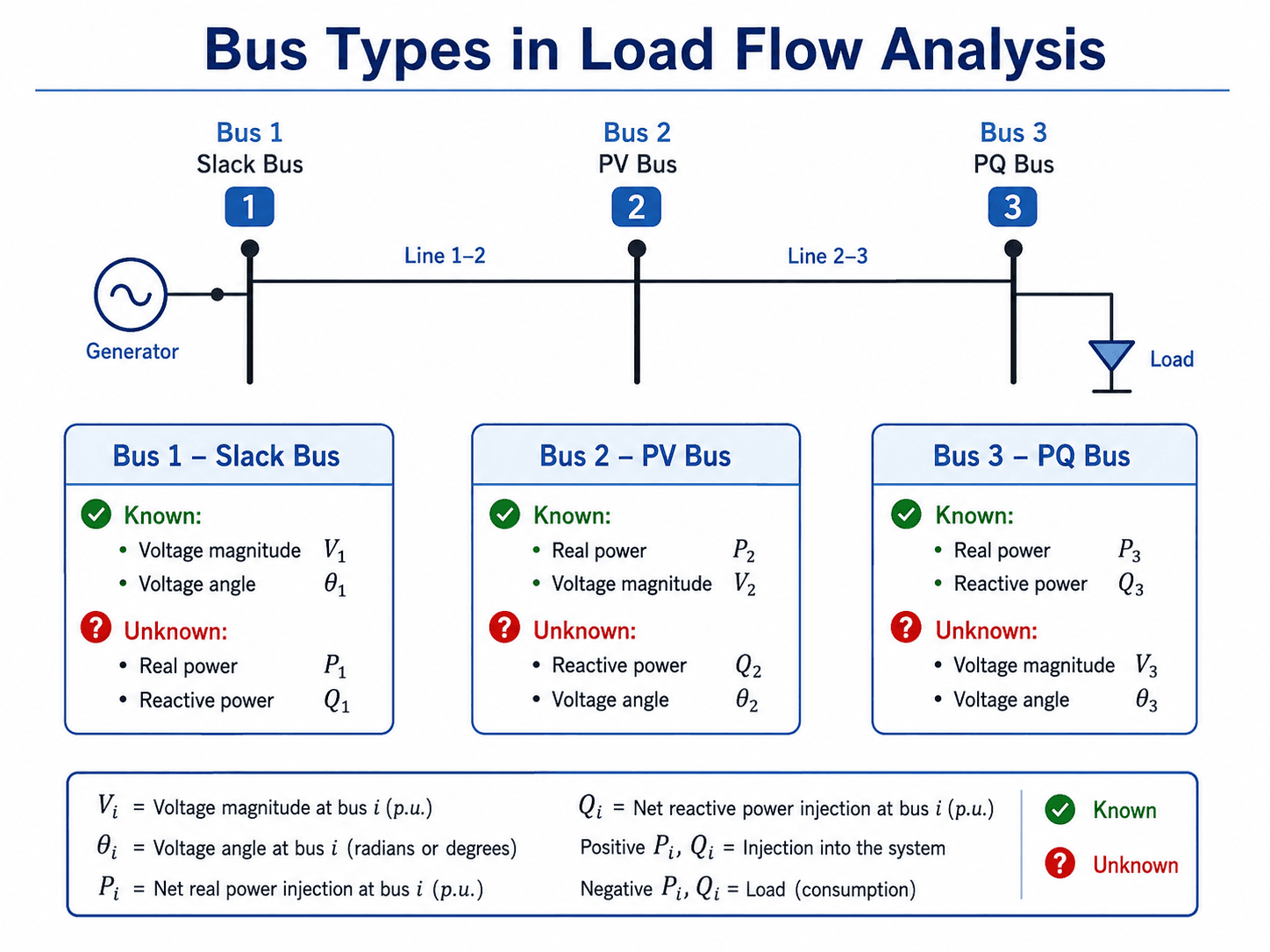 Diagram explaining slack bus, PV bus, and PQ bus variables used in load flow analysis