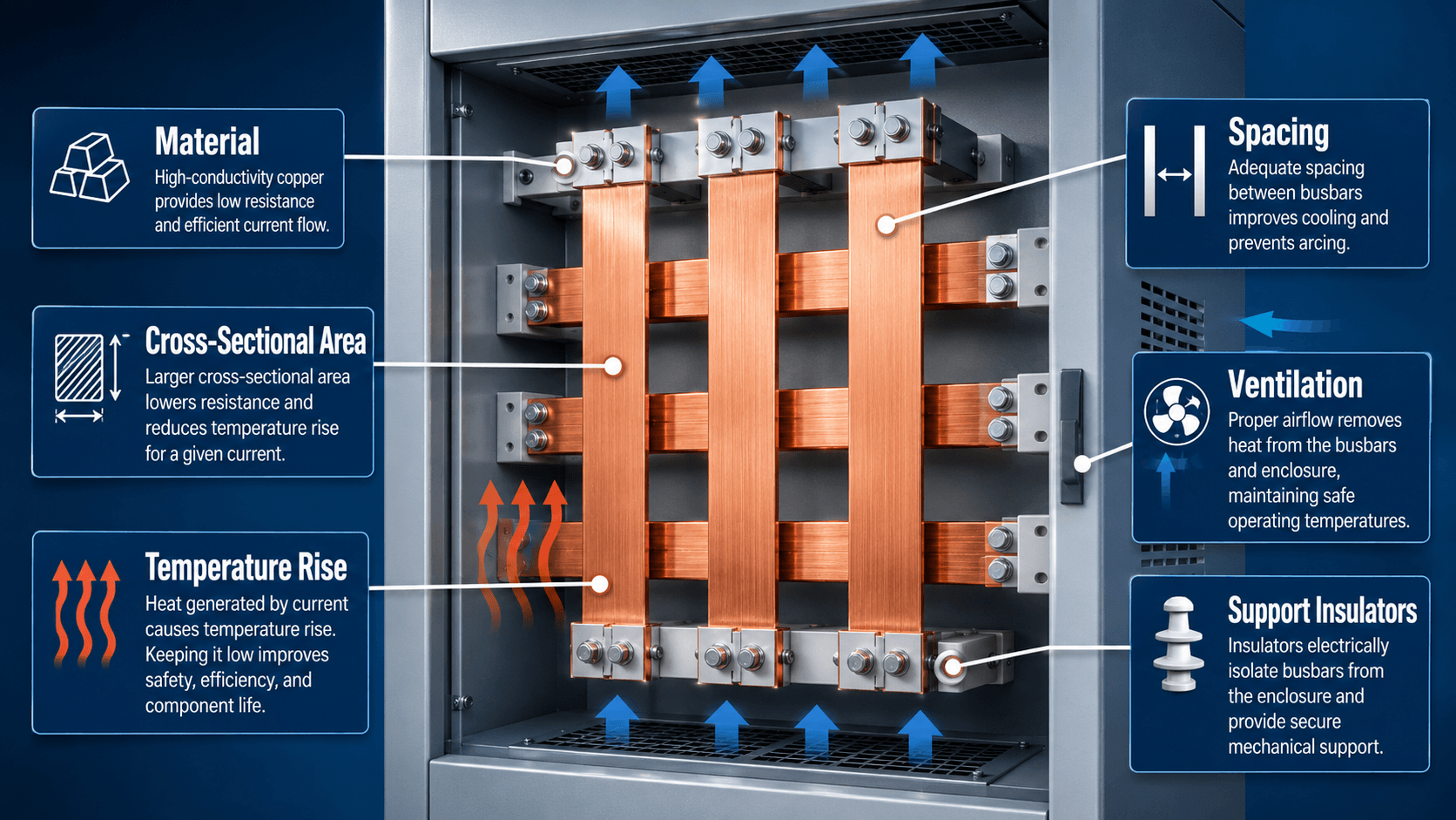 Busbar fault current diagram showing magnetic forces, phase spacing, support insulators, and mechanical bracing during a short circuit.