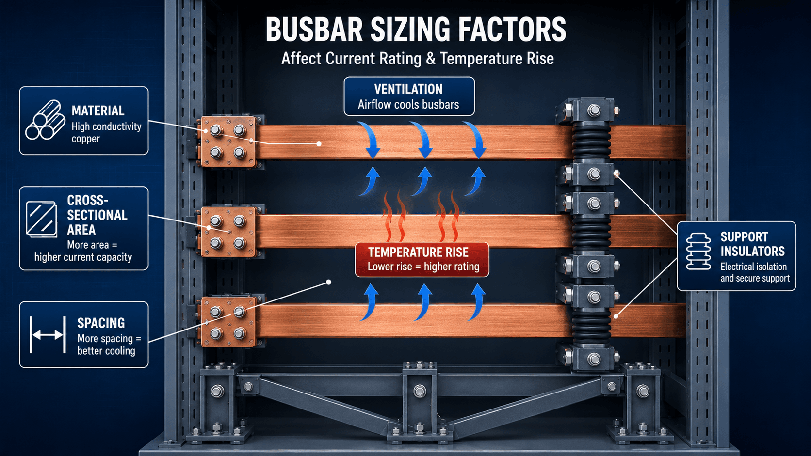 Busbar sizing factors diagram showing material, cross-sectional area, temperature rise, spacing, ventilation, and support insulators.