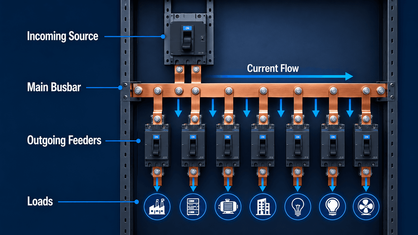 Busbar overview diagram showing an incoming source feeding a main busbar, outgoing feeder breakers, current flow arrows, and connected loads.