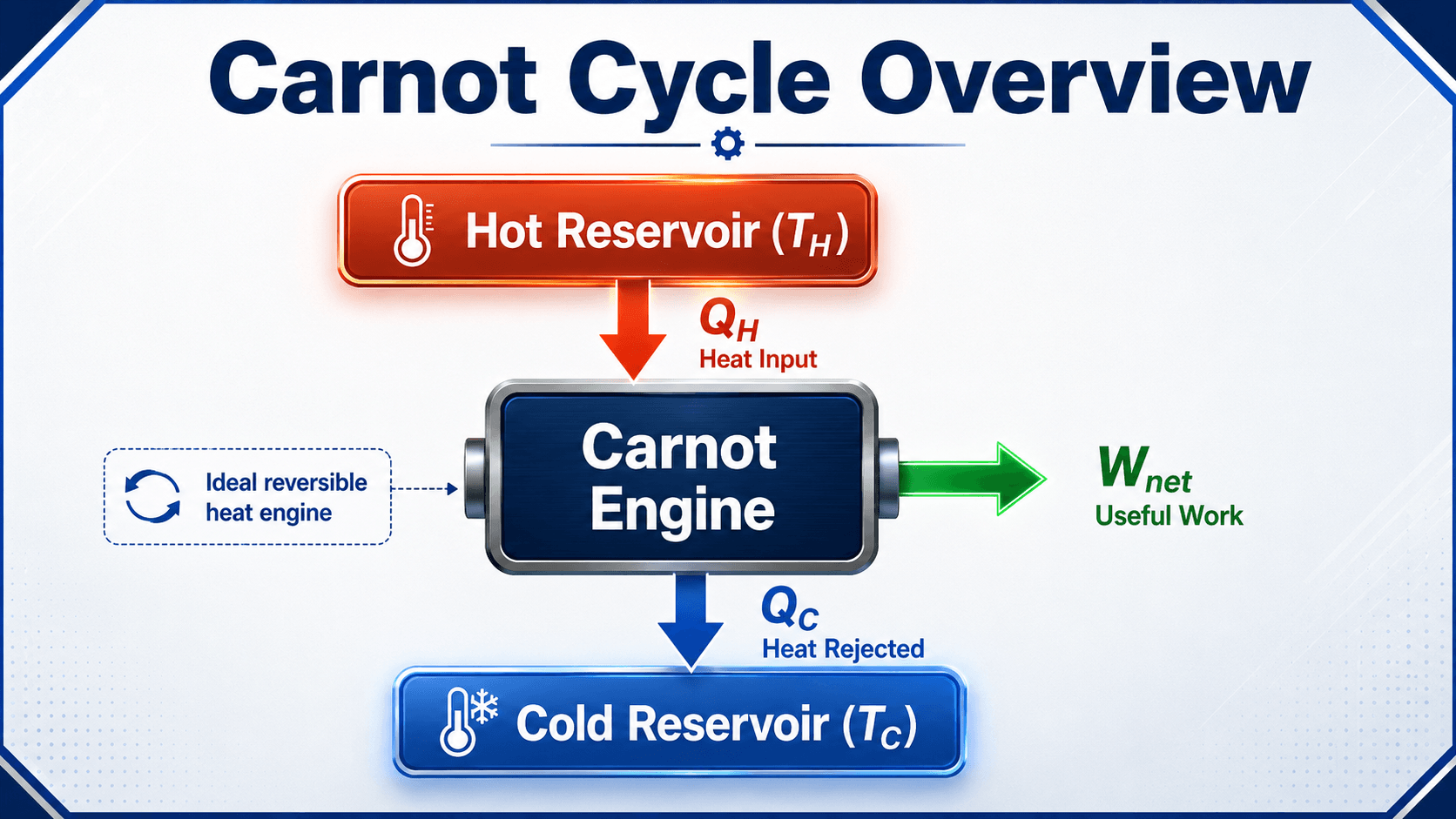 Carnot cycle overview diagram showing a hot reservoir, Carnot engine, useful work output, and cold reservoir