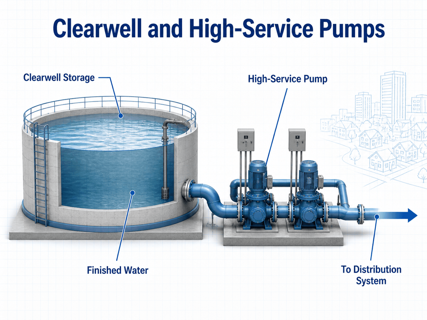 Clearwell storage and high-service pump diagram showing finished water storage, high-service pumps, and flow to the distribution system