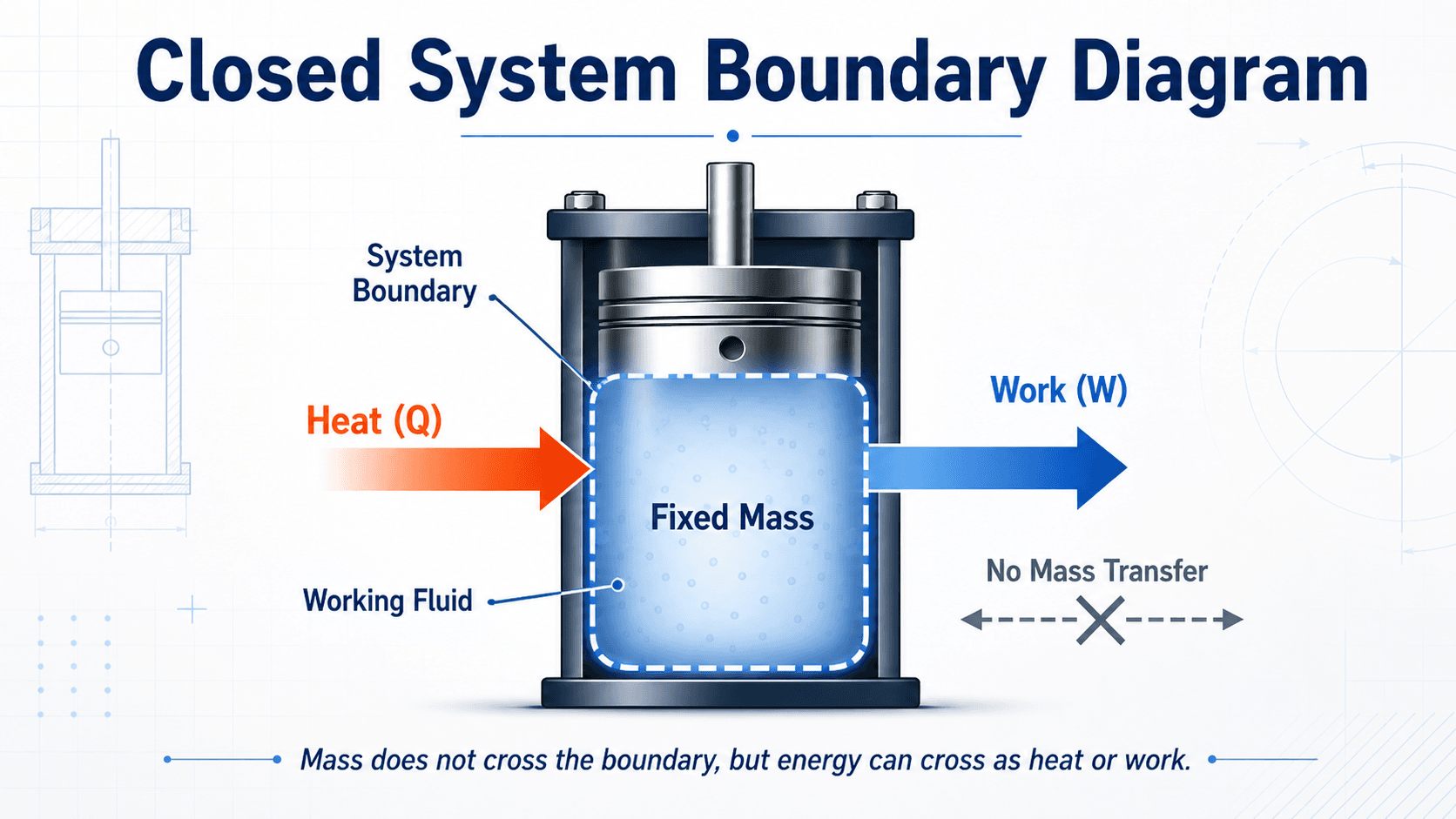 Closed system boundary diagram showing a fixed mass with heat and work crossing the boundary but no mass transfer
