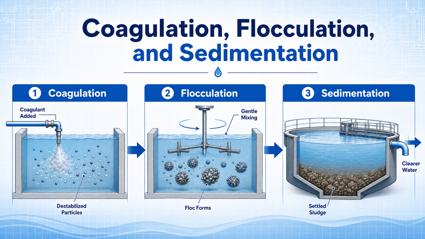 Diagram explaining coagulation, flocculation, and sedimentation in a water treatment plant with coagulant addition, gentle mixing, floc formation, settled sludge, and clearer water