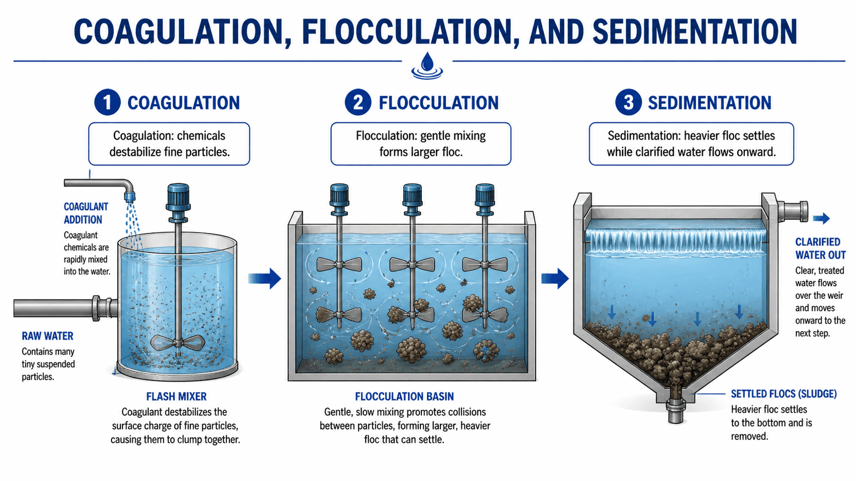 Diagram showing coagulation, flocculation, and sedimentation stages in a drinking water treatment plant