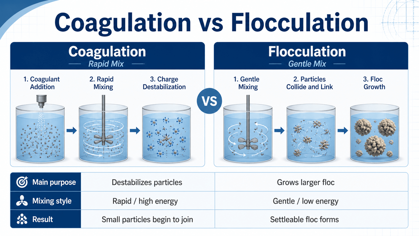 Coagulation versus flocculation diagram comparing coagulant addition, rapid mixing, charge destabilization, gentle mixing, particle collision, and floc growth