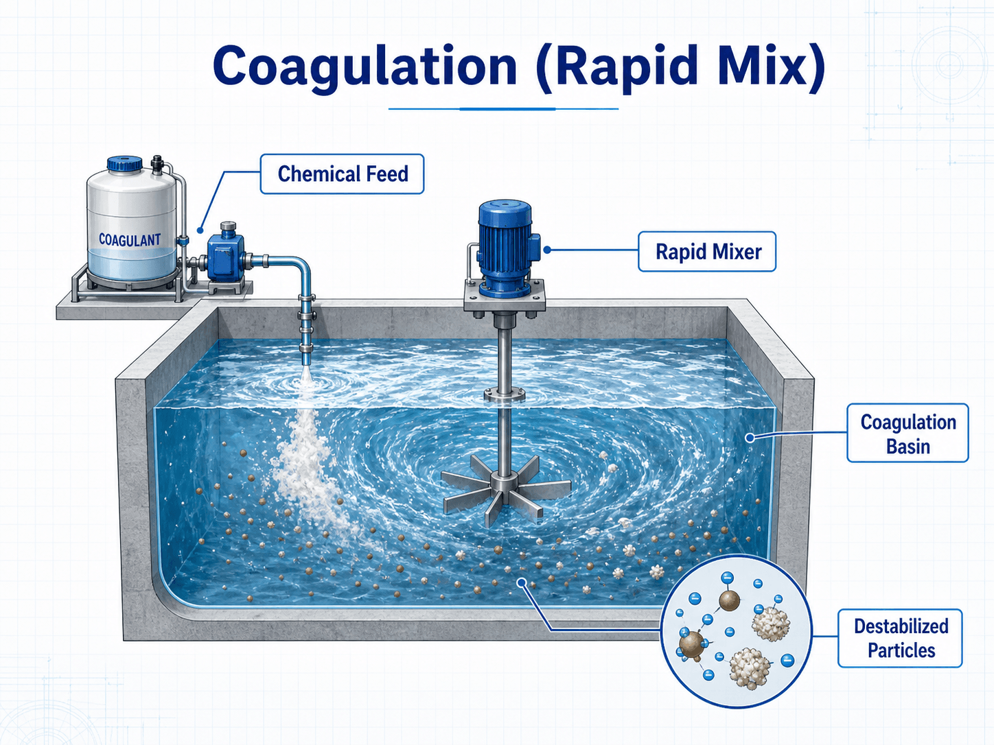 Coagulation rapid mix diagram showing chemical feed, rapid mixer, coagulation basin, and destabilized particles