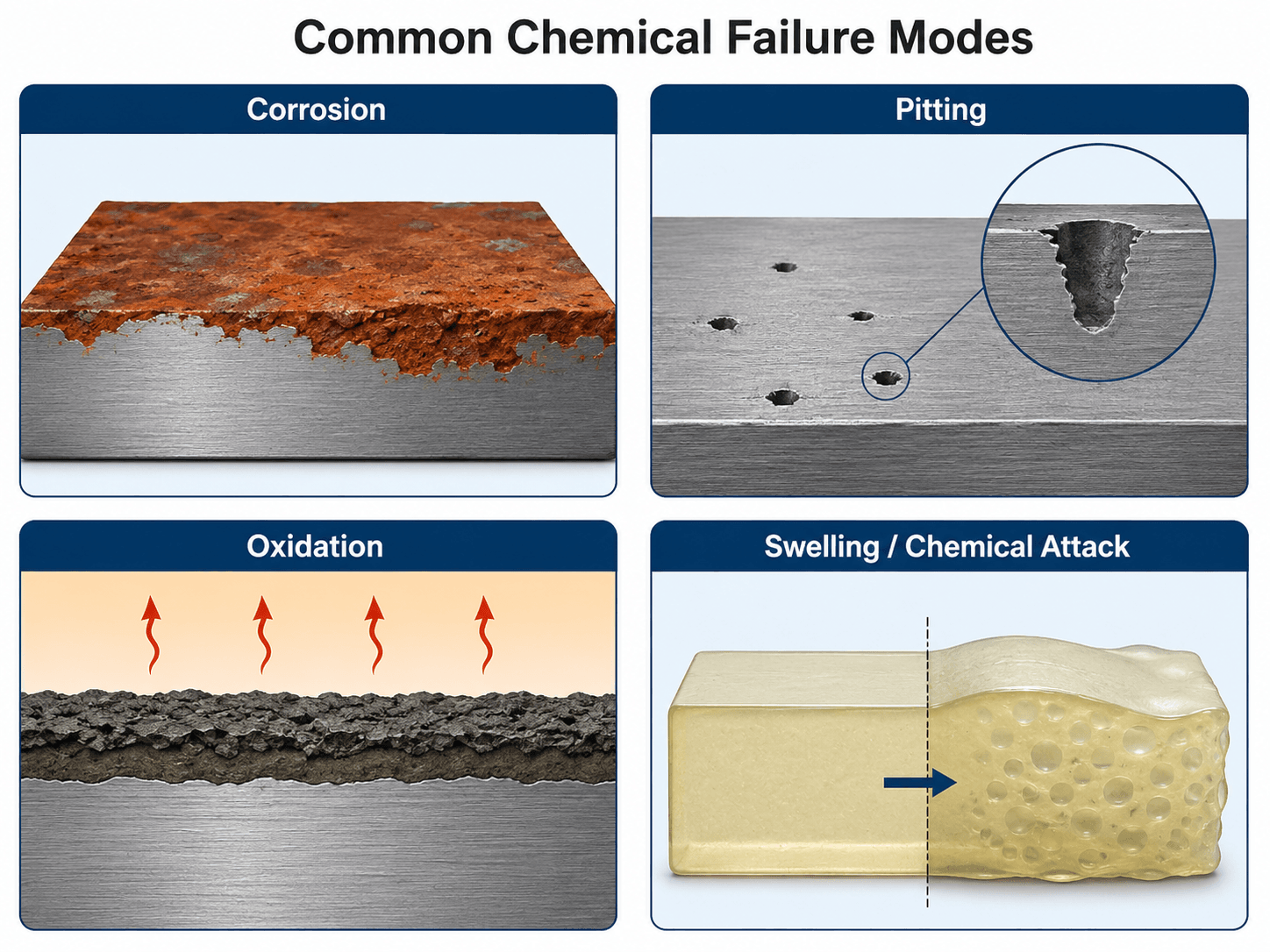 Infographic showing common chemical failure modes including corrosion, pitting, oxidation, and swelling or chemical attack.