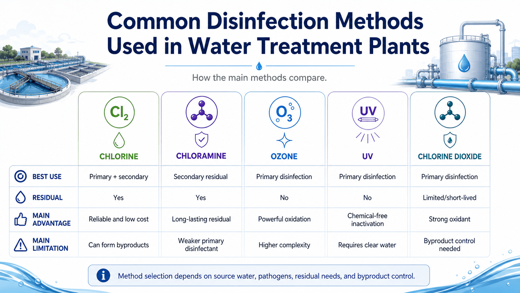 Comparison infographic showing chlorine, chloramine, ozone, UV, and chlorine dioxide as disinfection methods in water treatment plants