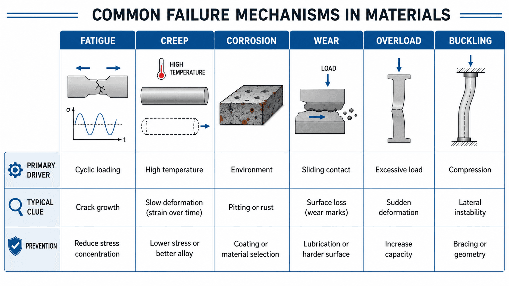 Common failure mechanisms in materials including fatigue, creep, corrosion, wear, overload, and buckling